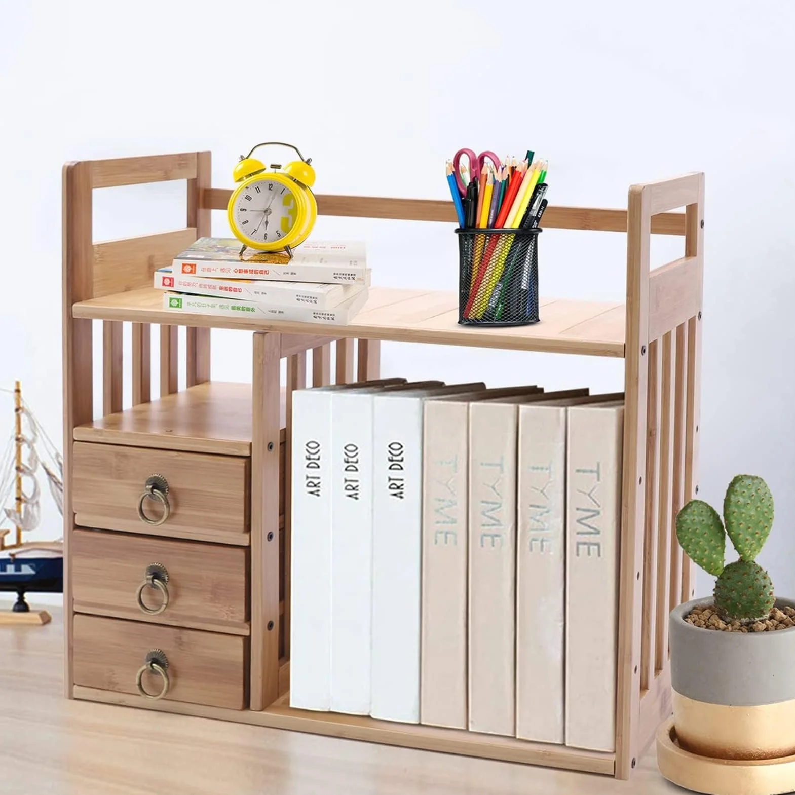 Estante Librería De Sobremesa - Estantería Pequeña De Sobremesa, Con Estantería De Mesa De Bambú De 3 Cajones, Estante De Exhibición De Almacenamiento De Juego De Té Para Sala De Estar