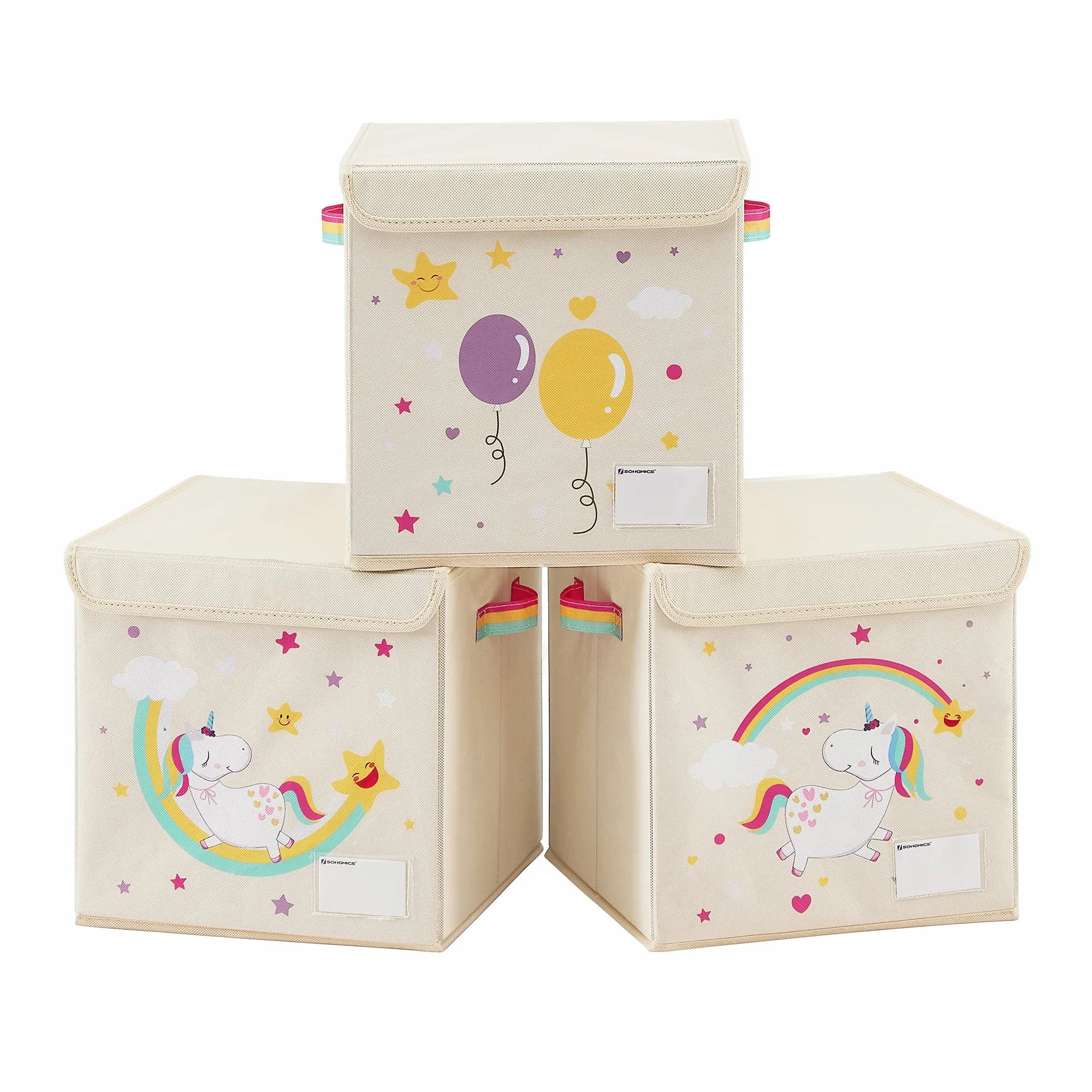 SONGMICS Juego de 3 Cajas de Almacenamiento con Tapa, Cubos Plegables 30x30x30 cm, Organizador de Juguetes, Beige