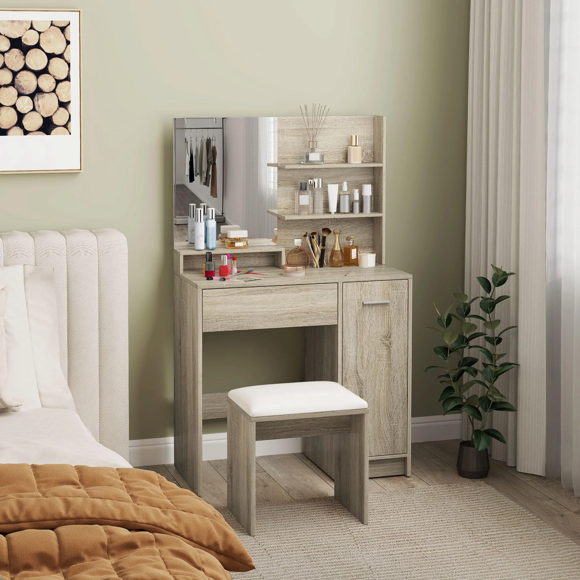HOMCOM Tocador de Maquillaje con Taburete, Tocador con Espejo, Estantes Abiertos, Cajón y Estante Ajustable, Anti-vuelco, para Dormitorio, Salón y Vestidor, Natural