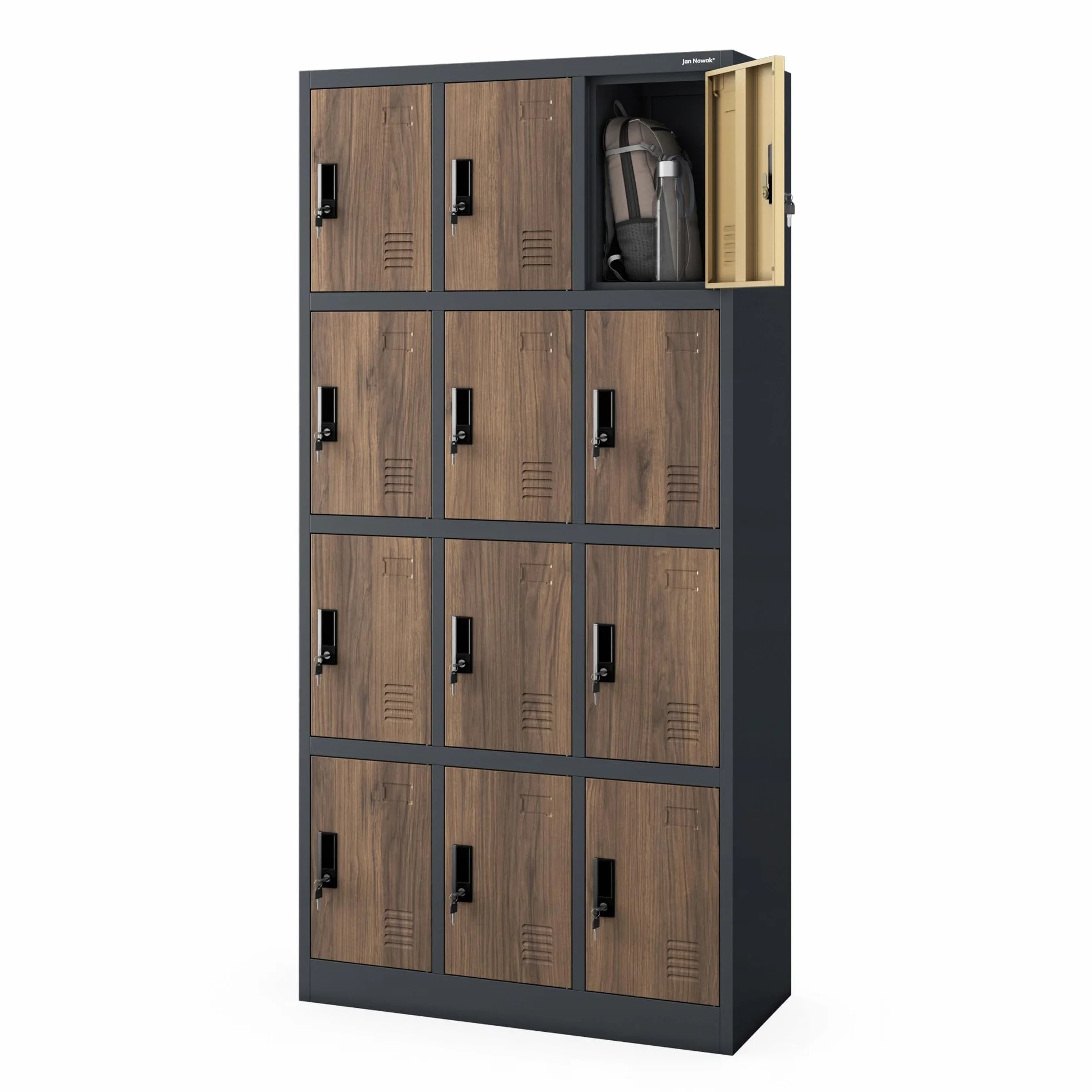 Jan Nowak Armario para Vestuario 3B4A Taquilla Metálico con 12 Compartimentos Ranuras de ventilación Recubrimiento de Polvo 185 cm x 90 cm x 40 cm Antracita-Madera