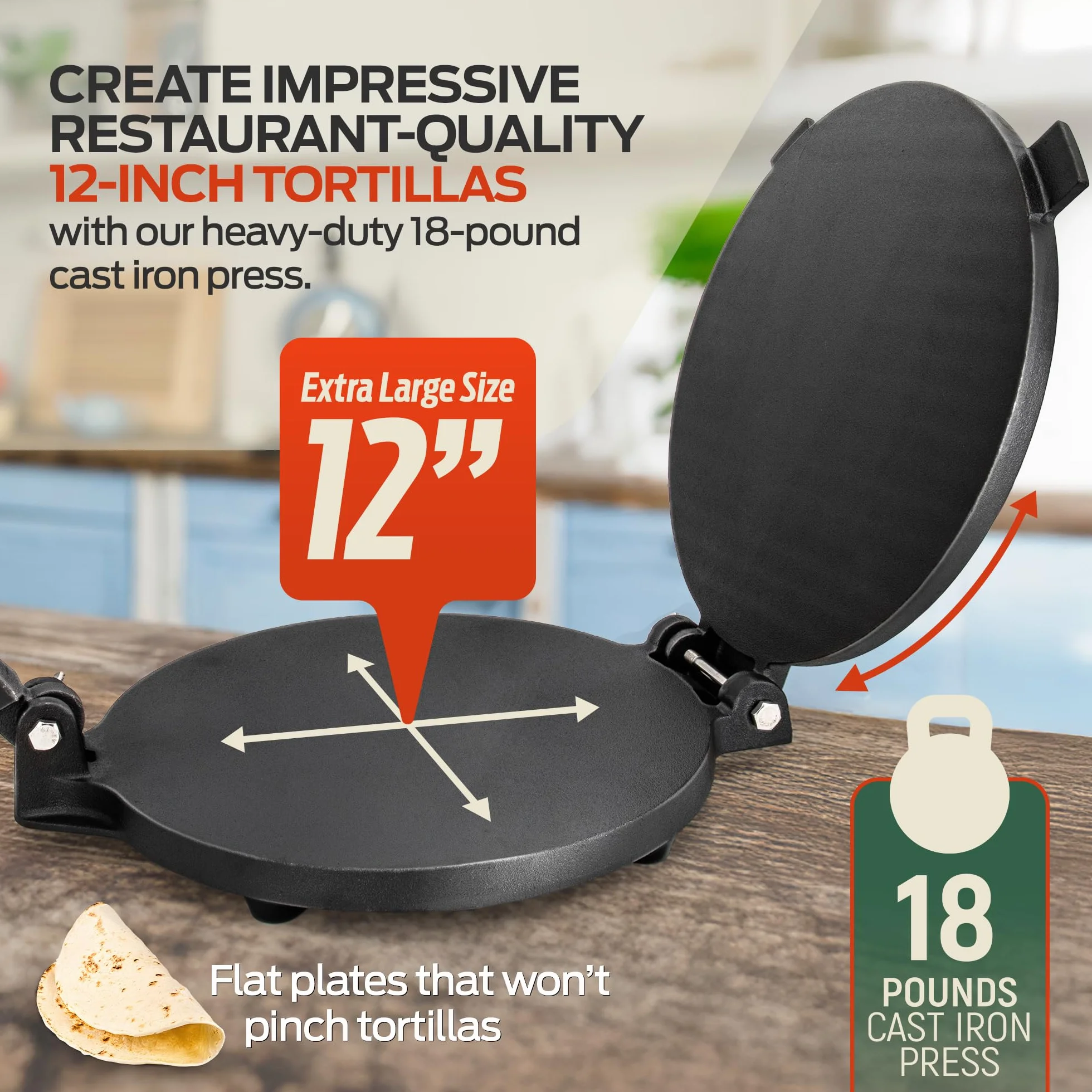 SIRCLES Prensa para tortillas de hierro fundido de 12 pulgadas, extra grande, resistente de 12 pulgadas, recetas de tortillas de libro electrónico, 5 pies de goma antideslizantes, presazonada, prensa