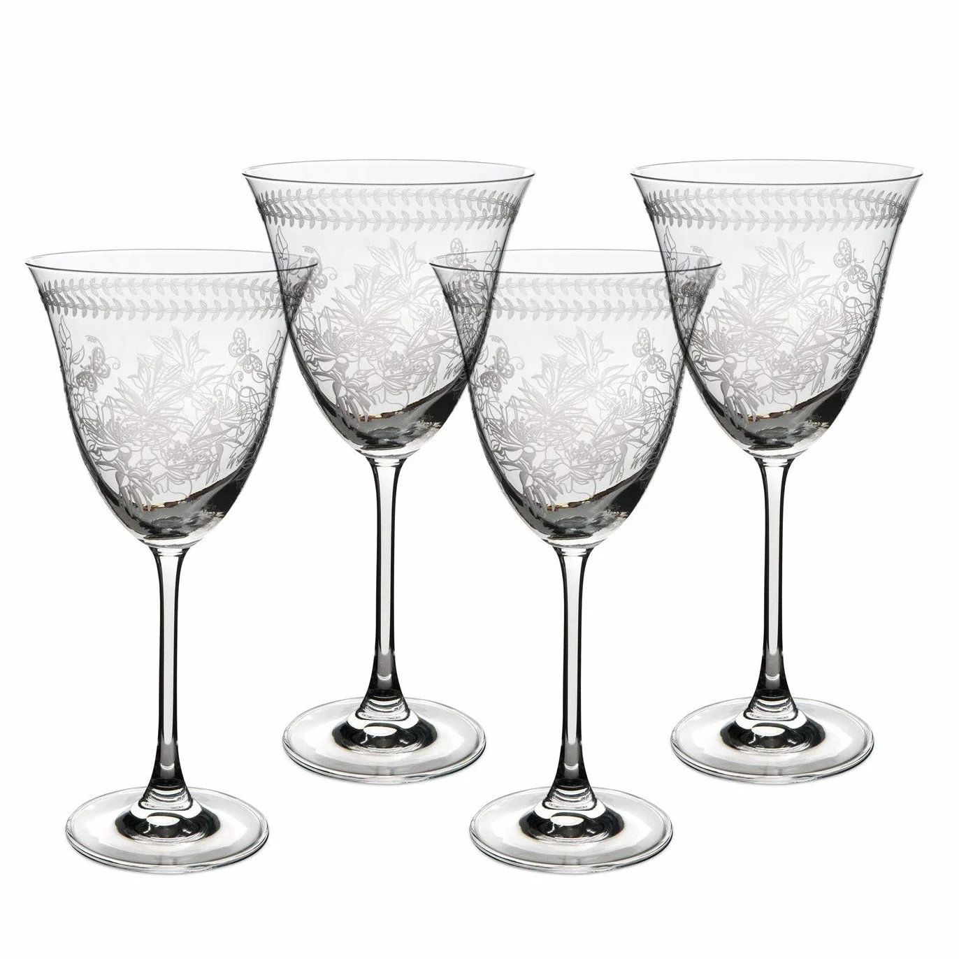 Portmeirion Botanic Garden – Juego de 4 Copas de Vino de Cristal Grabado con