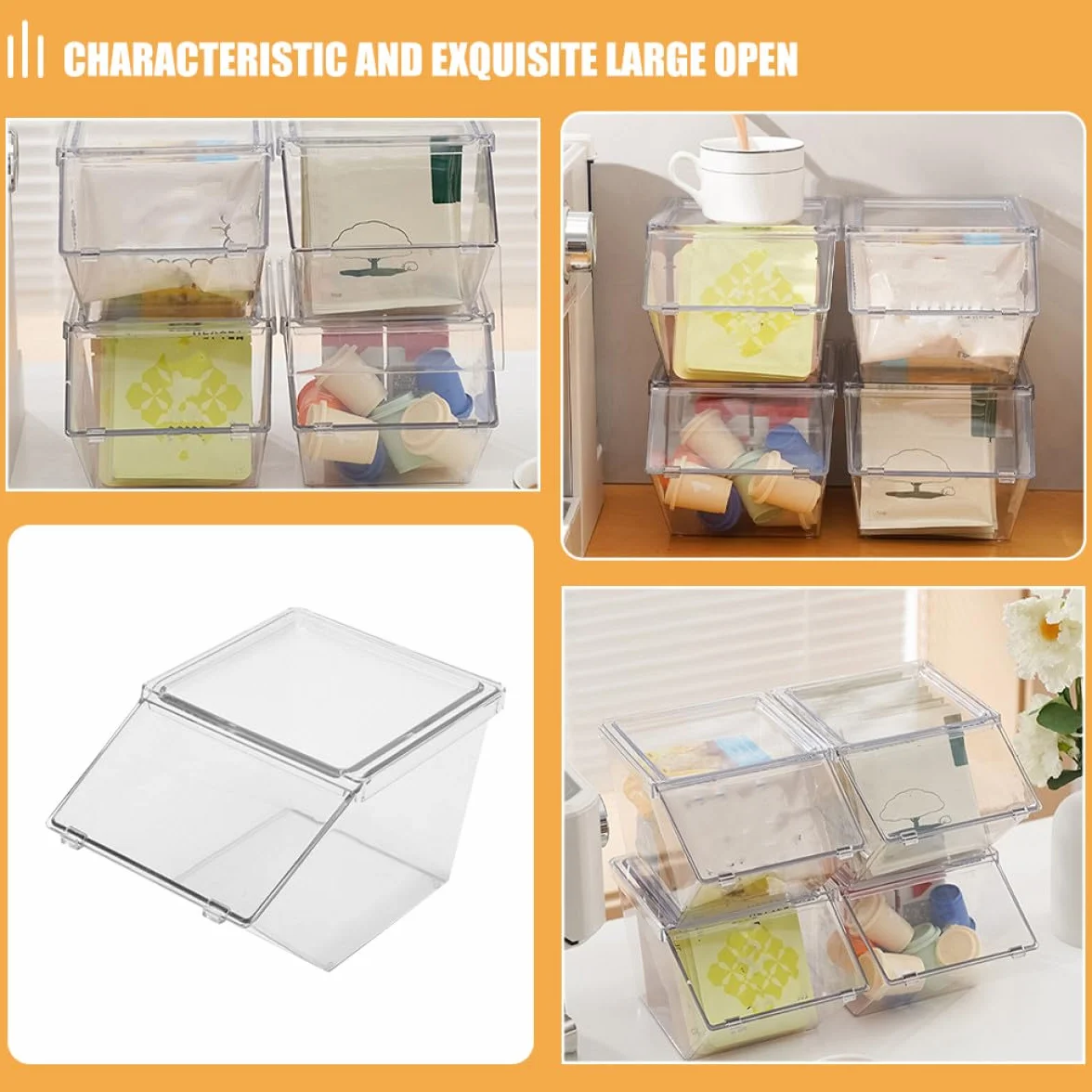 OSALADI Soporte Apilable para Bolsitas de Té y Café 4 Piezas Acrílico Tapa, Caja Organizadora de Sobremesa Grande Capacidad para Paquetes de Azúcar y Condimentos, Adecuado para Cocina