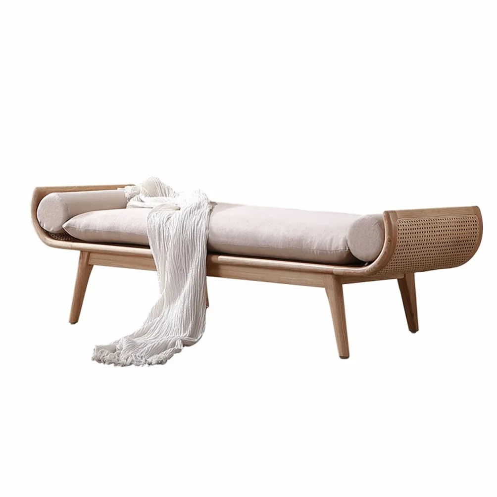 Banco otomano de madera maciza, taburete cambiador de zapatos de puerta, silla de sofá chaise longue, taburete de noche tejido de ratán, banco de dormitorio, banco de comedor
