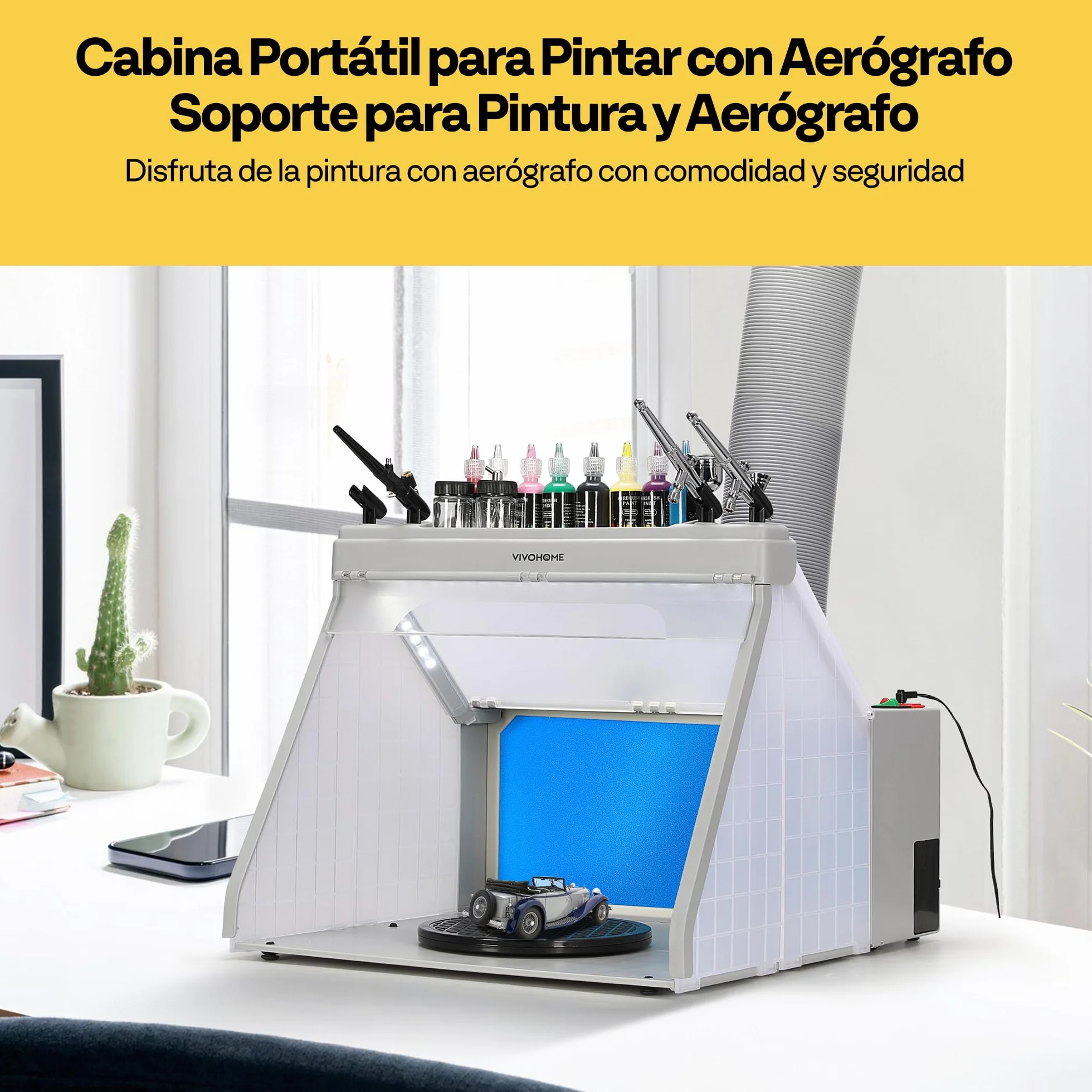 VIVOHOME Cabina de Pulverización Portátil para Aerógrafo con 3 Luces LED con Soportes para Pistolas Pulverizadoras y Pintura Pintar Modelo