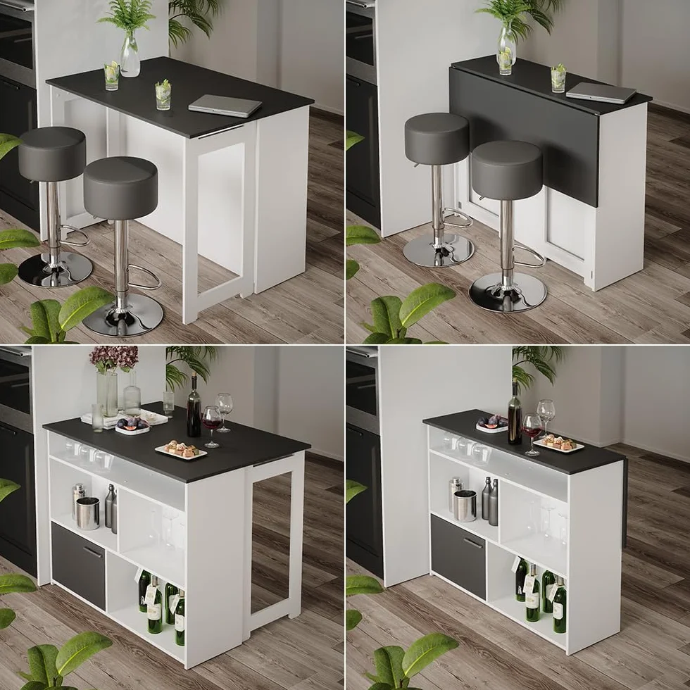 Vicco Set de Mesa de Bar Dominic, Antracita/Blanco, 116 x 37 cm, 2 Taburetes, Tablero Abatible