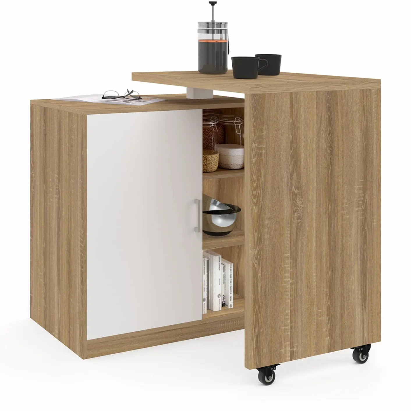 IDMarket – Ilot Rotativo Polo Mueble de bar giratorio 2 en 1 imitación haya puerta blanca