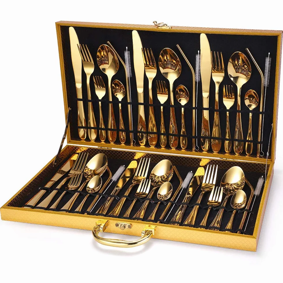 Juego de Cubiertos de 6 Piezas, Acero Inoxidable Pulido Fino, con Caja de Madera, Incluye Cuchillos, Tenedores y cucharas, Pajita，Gold 42pcs