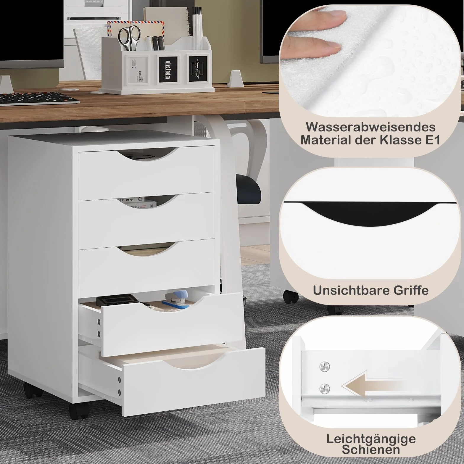WOLTU Cajonera de Escritorio con 5 Cajones, Armario Archivador con Ruedas, Cajonera Rodante para Despacho, Cómoda Móvil, Mueble Archivador Oficina y Estudio, Blanco, 40x40x66,5 cm, ASK14ws