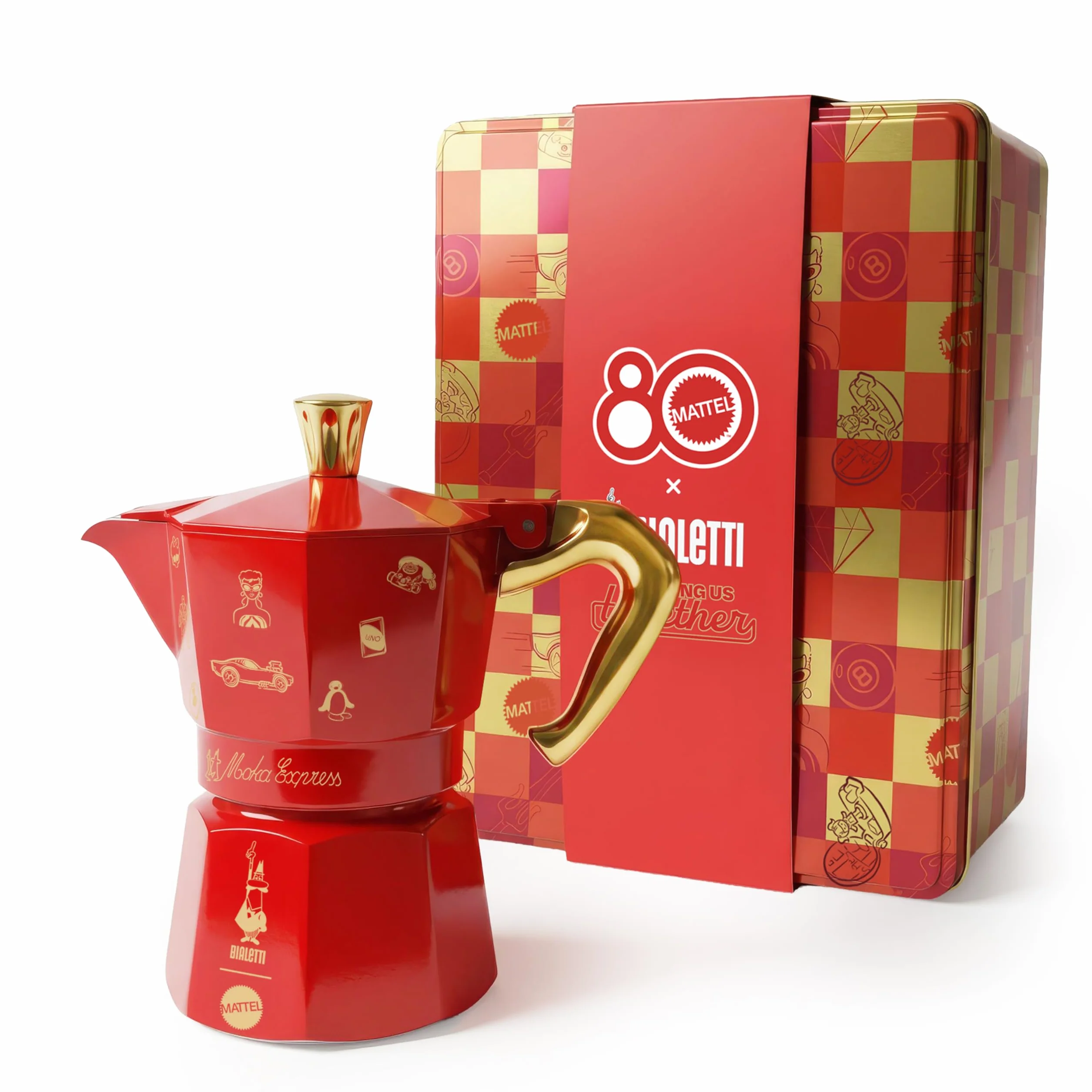 Bialetti Moka Express de 3 tazas (130 ml) Edición Mattel Octagésimo, cafetera de colección con lata celebrativa - Fabricada en aluminio, no apta para inducción, roja