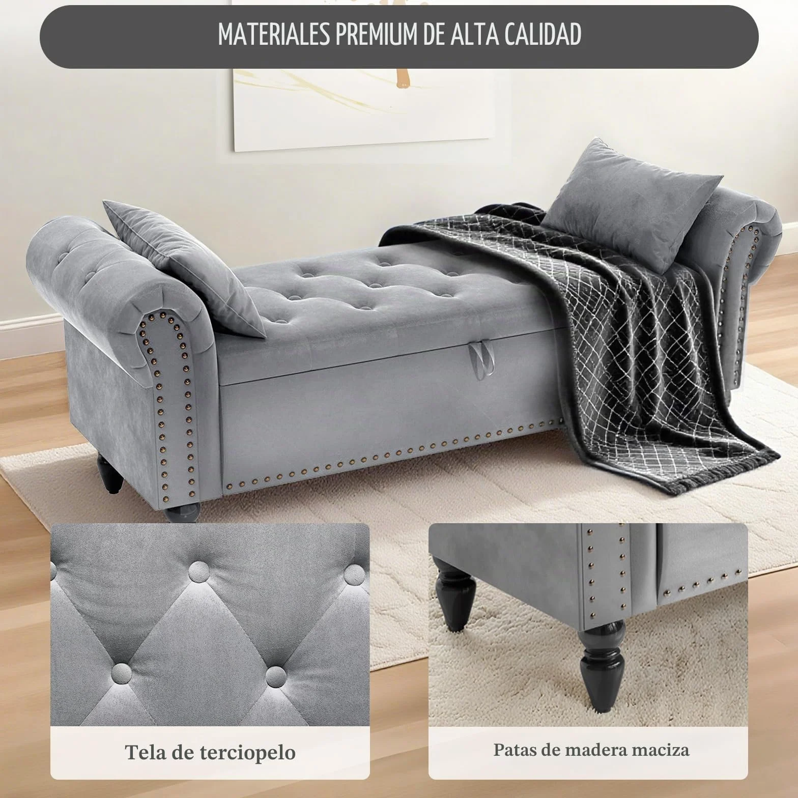 Clevich Banco con Almacenaje 133cm, Terciopelo Baul Almacenaje Dormitorio con Varilla de Elevación, Estilo de Francés, Extremo de la Cama con Tapa, Patas de Madera Maciza (Gris Claro)