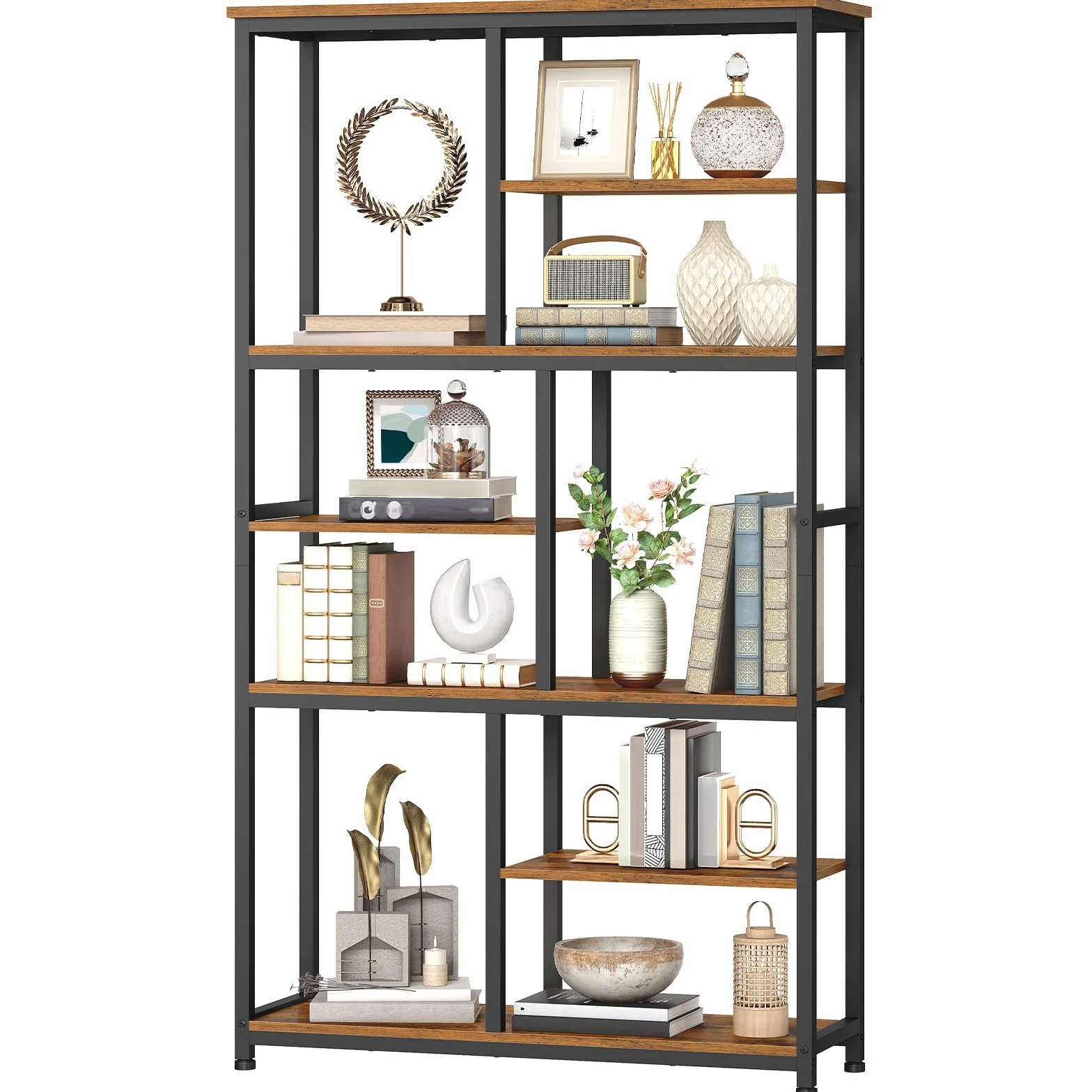HOOBRO Librería de 7 Niveles, Estantería Abierta con 4 Patas Ajustables, Librería de Aglomerado y Estructura Metálica, para Salón y Despacho, 100 x 28 x 180 cm, Marrón Vintage y Negro EBF06SJ01