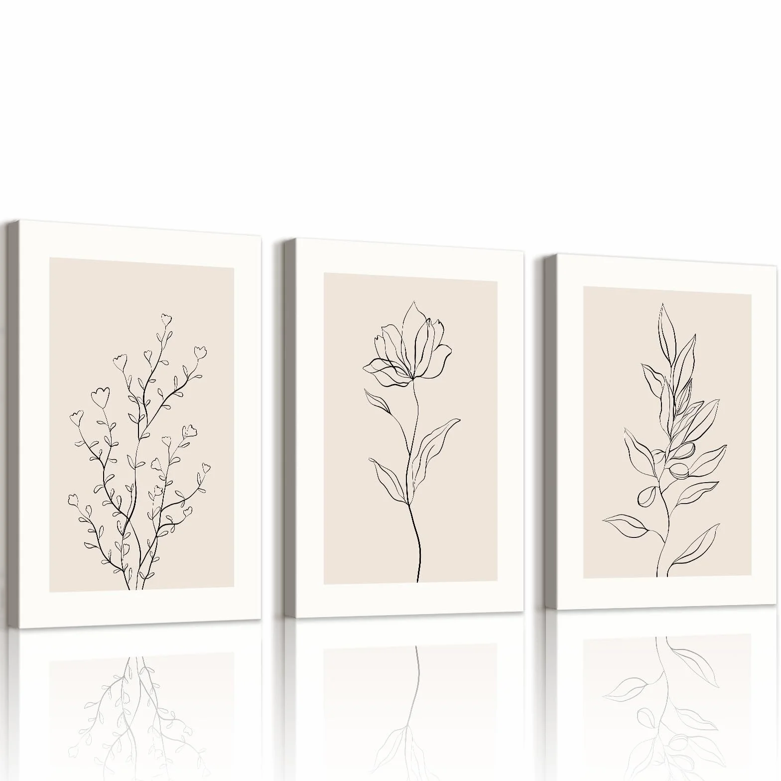 WENGTIAO 3 Piezas Boho Botánico Cuadros Decorativos Enmarcado, Abstracta Plantas Negro y Beige Neutros Lienzos Laminas, Cuadros Decoracion Salon Modernos Dormitorios Decoración Pared 40x60cmx3