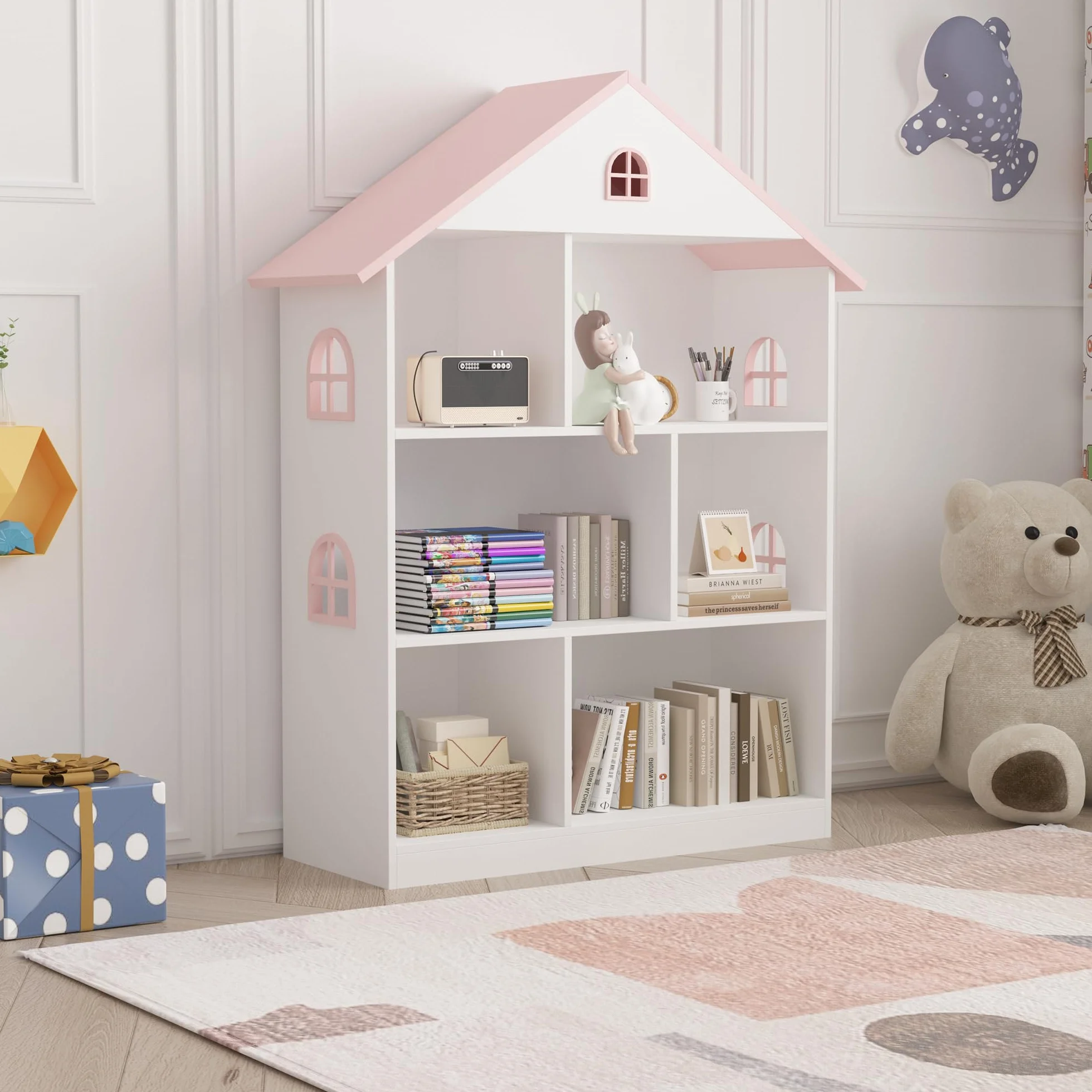 [en.casa] Estantería Infantil Vipsali en Forma de Casa con Techo Rosa Ventanas 6 Compartimentos Abiertos de Diferentes TamañosEstantería de Pie para Niños MDF 107x83x30cm - Blanco