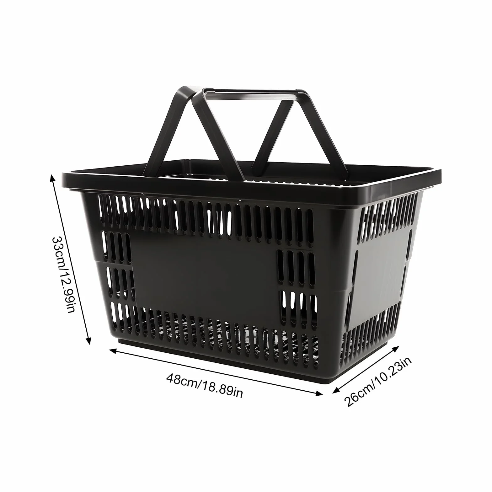 Lote de 12 cestas de plástico PP 28L capacidad 10 Kg, apilables rectangulares, negro, cestas de compras con asas para supermercado, tienda, transporte, verduras, frutas y juguetes resistentes