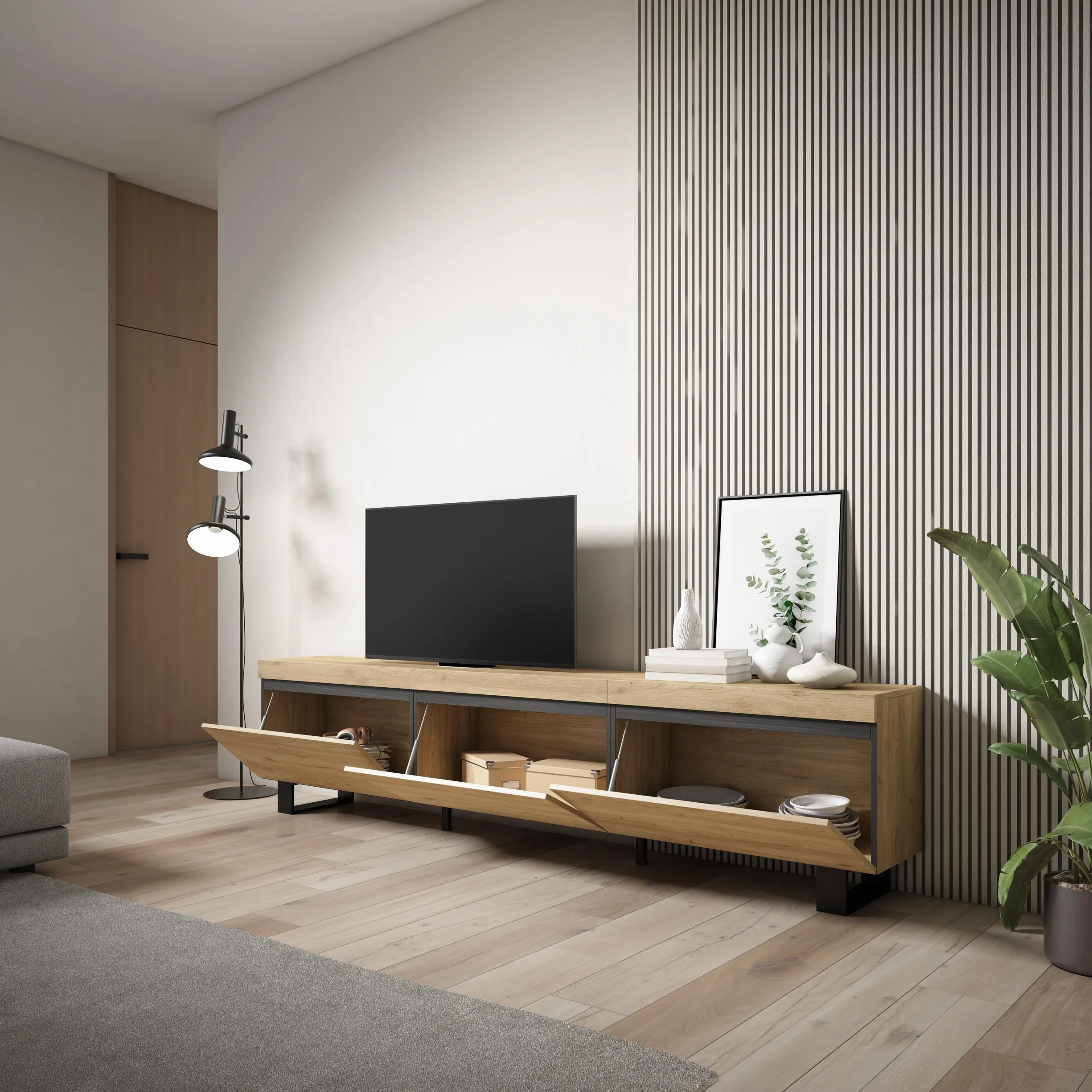 Skraut Home | Mueble TV | Televisión | Muebles de salón, almacenaje | 240x57x35 cm | Diseño Industrial | Estilo Moderno | Roble