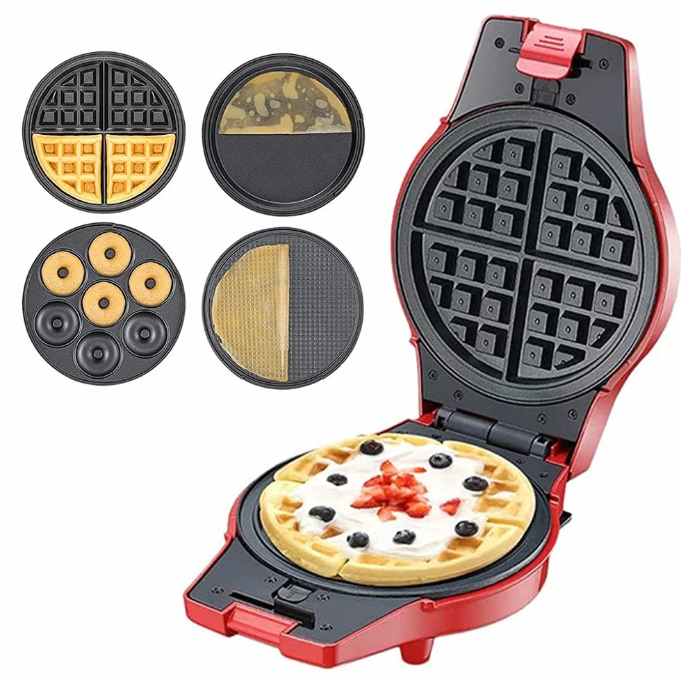 Sandwichera 4 en 1, Placas Intercambiables, Sandwich tostadora, Gofrera gofres belgas, Grill Plancha para Carne y Pescado, Placas con Recubrimiento Anti-adherente y Asa de Toque Frío