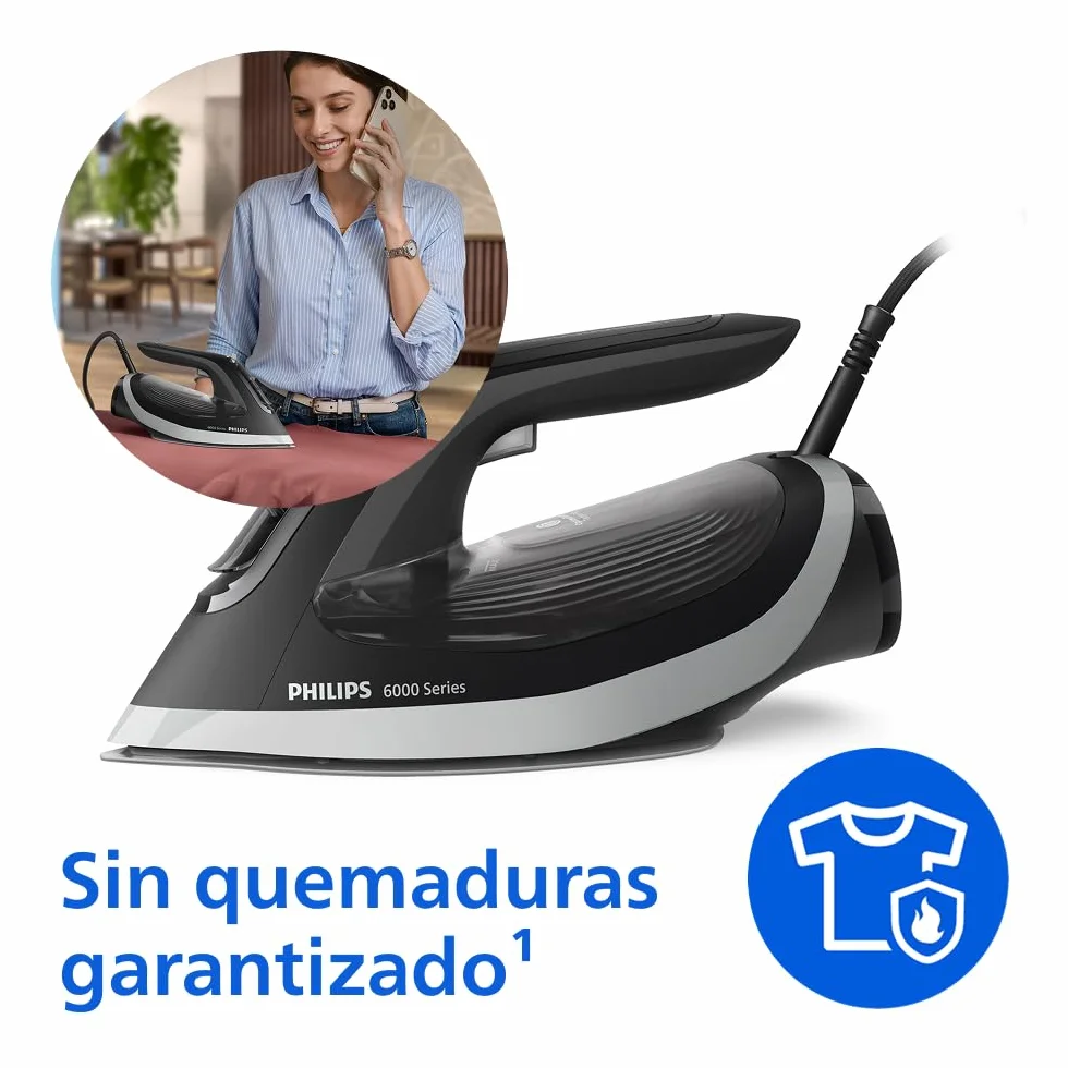 Philips Serie 6000 Plancha de Vapor con tecnología OptimalTEMP, 190g golpe, 45g continuo, suela SteamGlide Plus, antigoteo y apagado automático (DST6120/80)