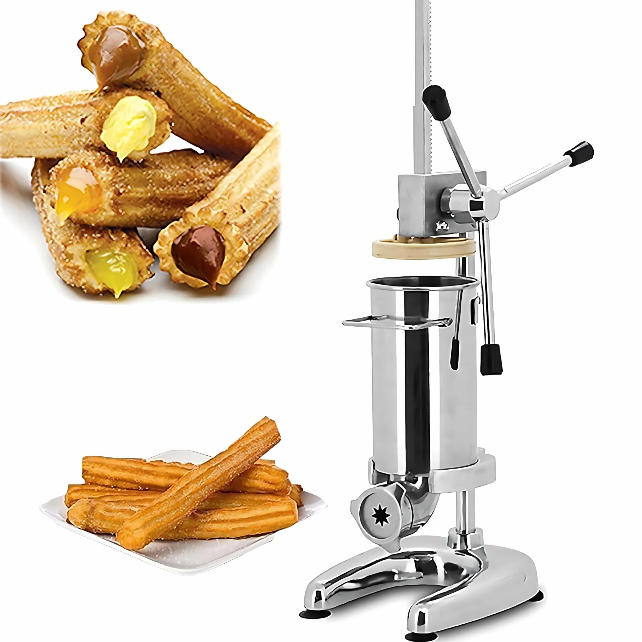 Máquina para Hacer Churros Manual, 3L Comercial Español Donut Churrera Churro Maker Machine con 5 Moldes, Máquina de Churrera Española Vertical de Acero Inoxidable, Máquina de llenado
