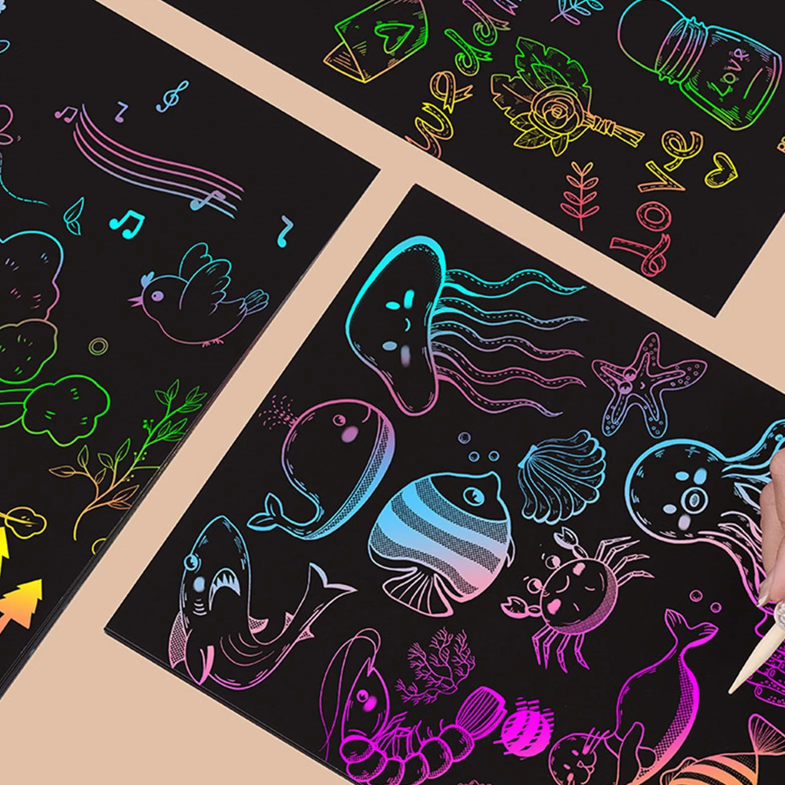 Set de bloc de dibujo para niños 50 hojas scratch art incluye lápices de madera y plantillas