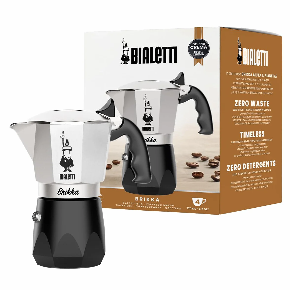 Bialetti New Brikka, Moka pot, la única cafetera capaz de hacer un espresso cremoso, 4 tazas, Aluminio