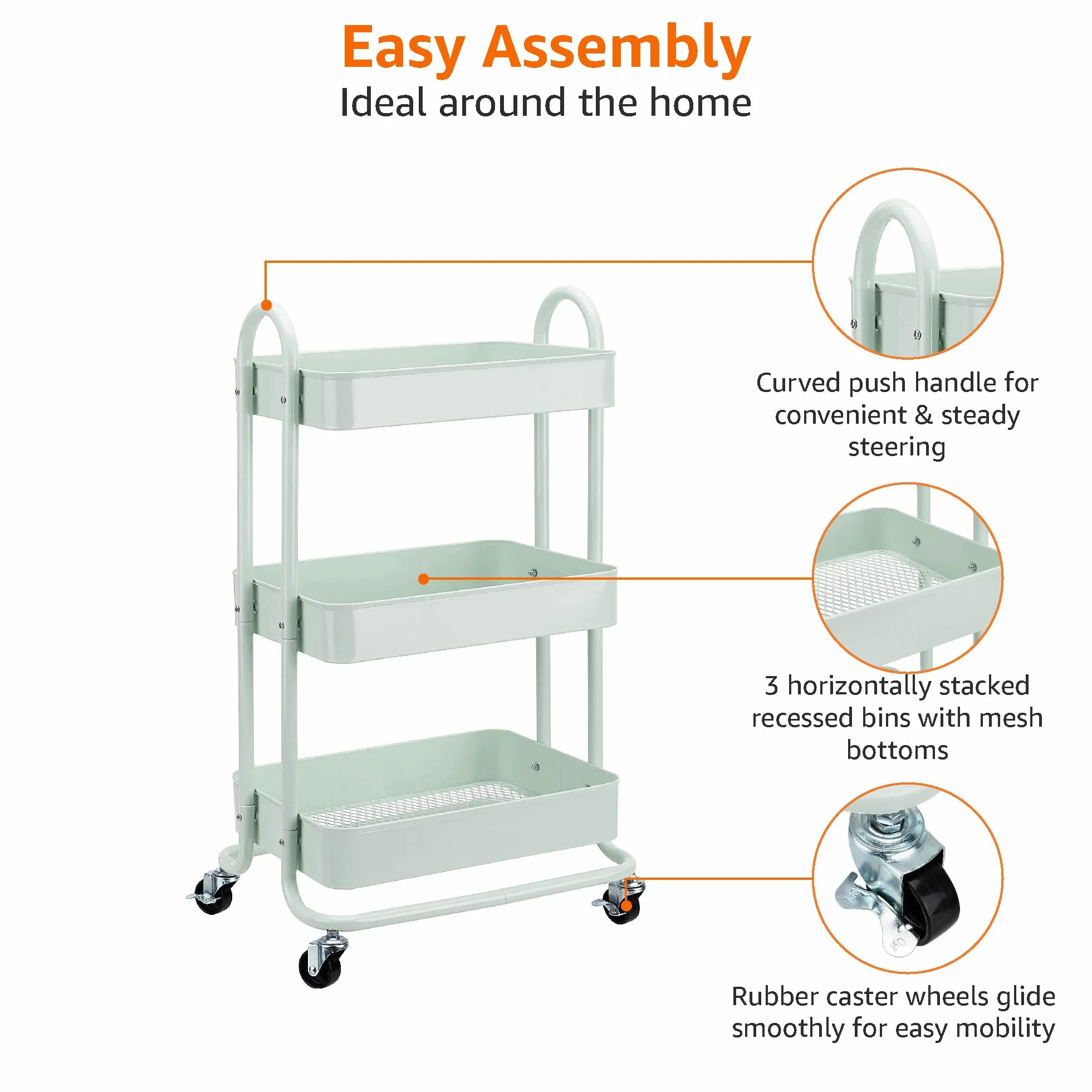 Amazon Basics Carrito de cocina multiuso tres niveles con ruedas verde menta