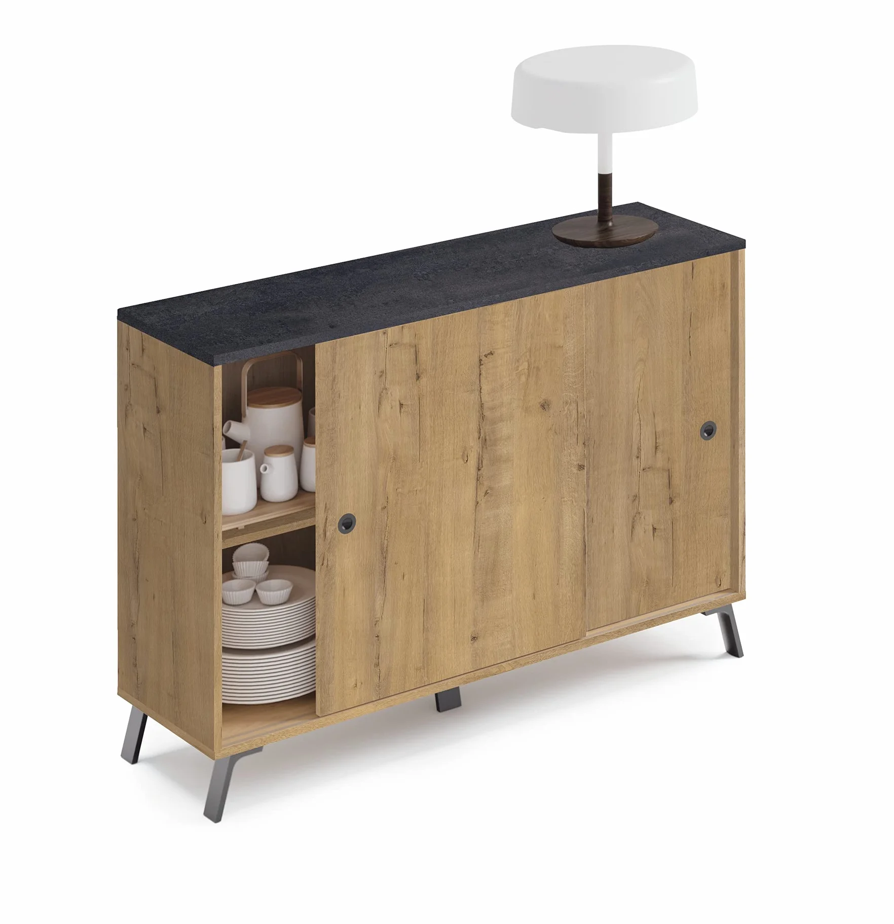 MUEBLES PITARCH Aparador Salón Comedor, Buffet, Mueble Auxiliar, 2 Puertas correderas, Roble Gold con Patas Negras, 87x120x40cm, Despensa, Cocina, Despacho, Recibidor Moderno Industrial, Modelo Kamet