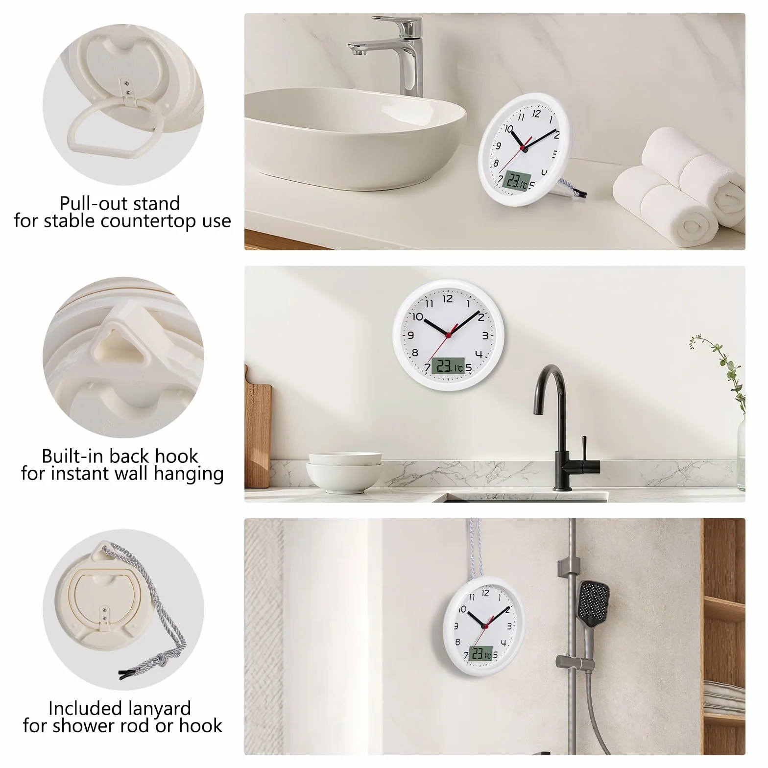 VIVILINEN Reloj de baño con indicador de temperatura 17 cm silencioso resistente a la humedad