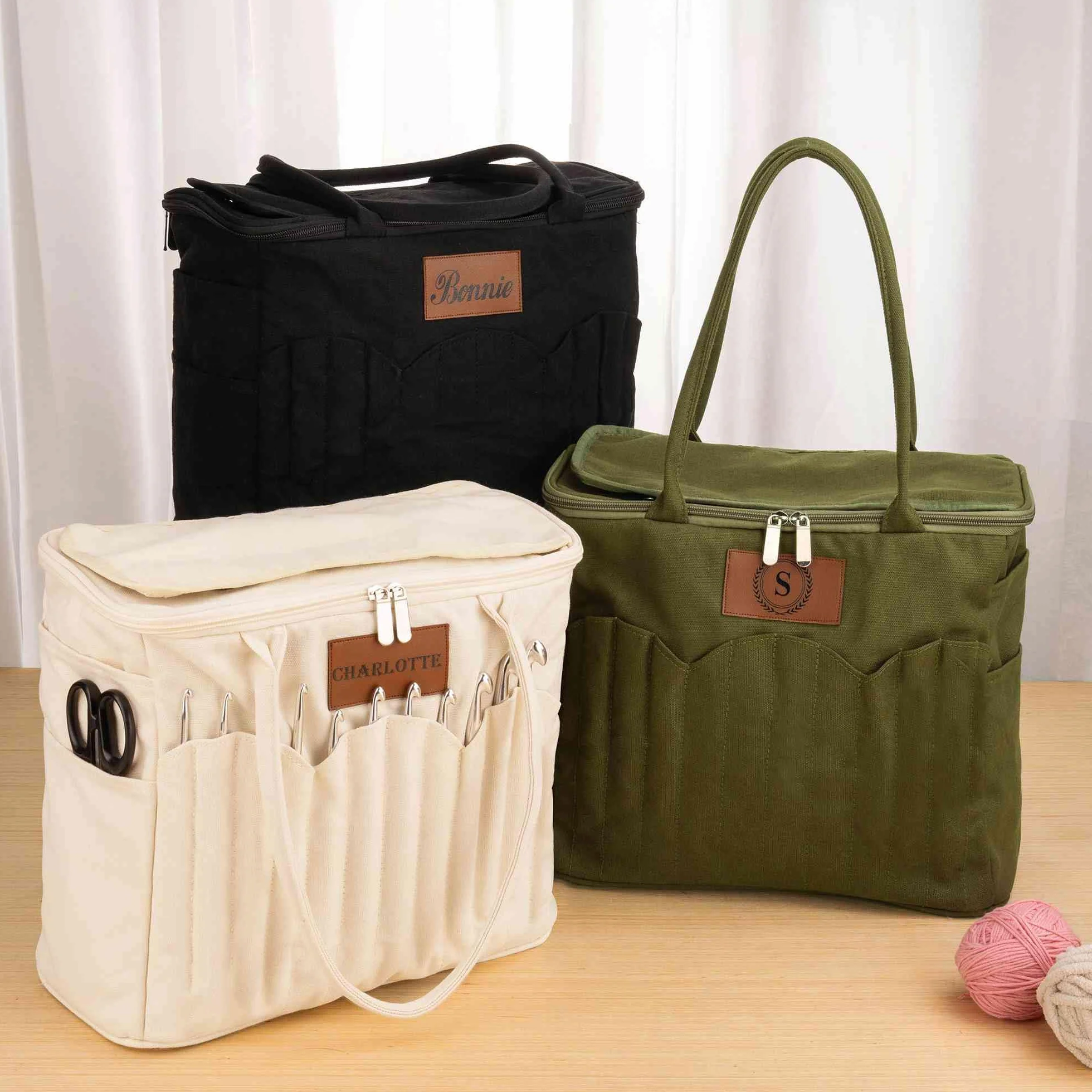 Bolsa de almacenamiento personalizada para tejer para mujer, bolsa de hilo de lona grande, organizador de ganchillo, bolsa de viaje portátil con bolsillos para agujas, estuche de ganchillo, regalo de
