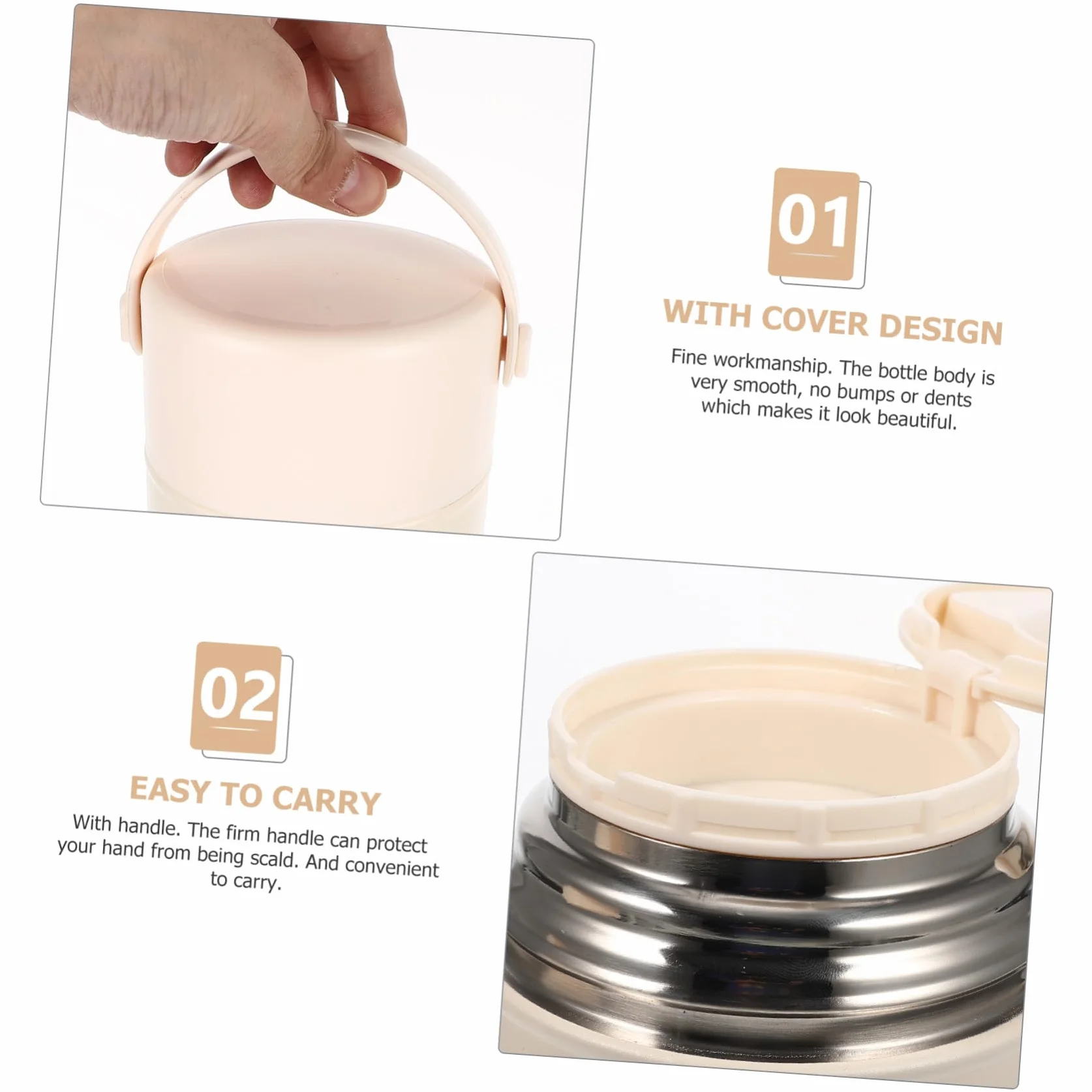 Tarro Aire Calor de al Actividades el Libre Mantiene Comida Térmico Acero Inoxidable 850ml Beige con Cuchara Asa, Fácil de Transportar