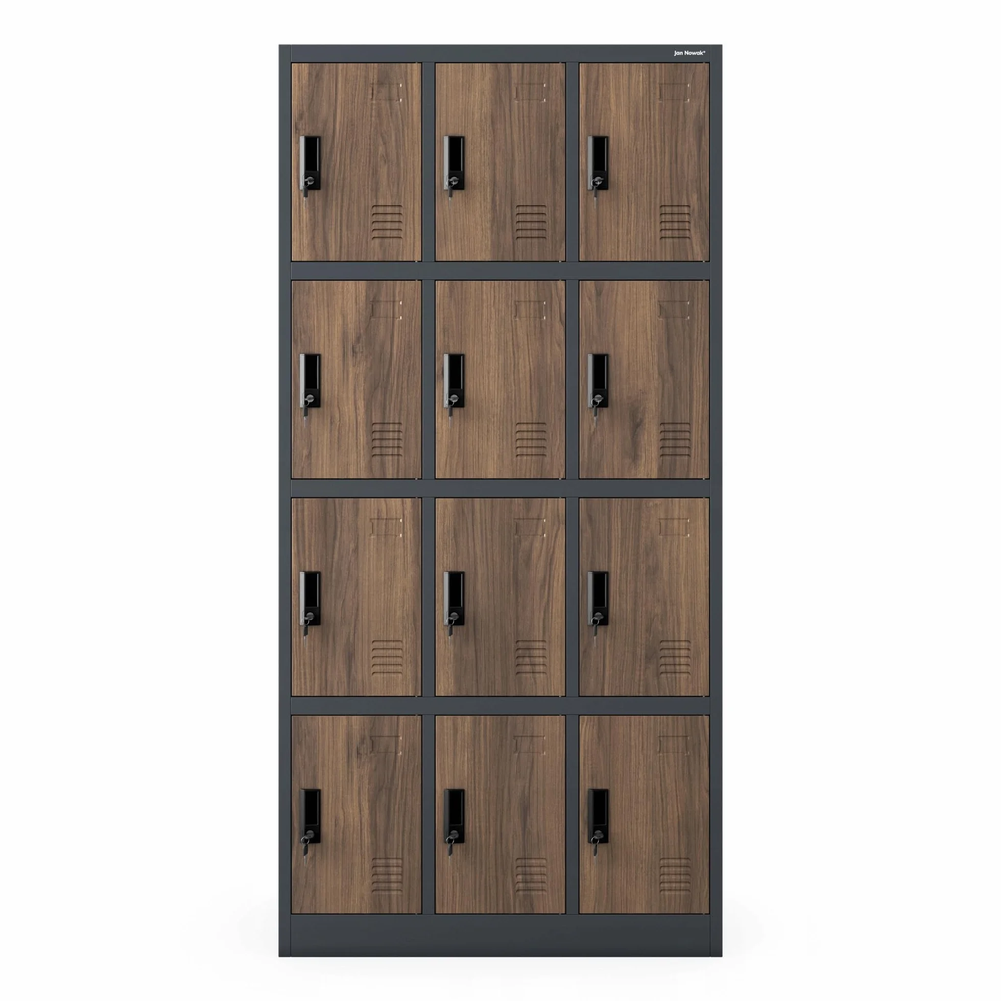 Jan Nowak Armario para Vestuario 3B4A Taquilla Metálico con 12 Compartimentos Ranuras de ventilación Recubrimiento de Polvo 185 cm x 90 cm x 40 cm Antracita-Madera