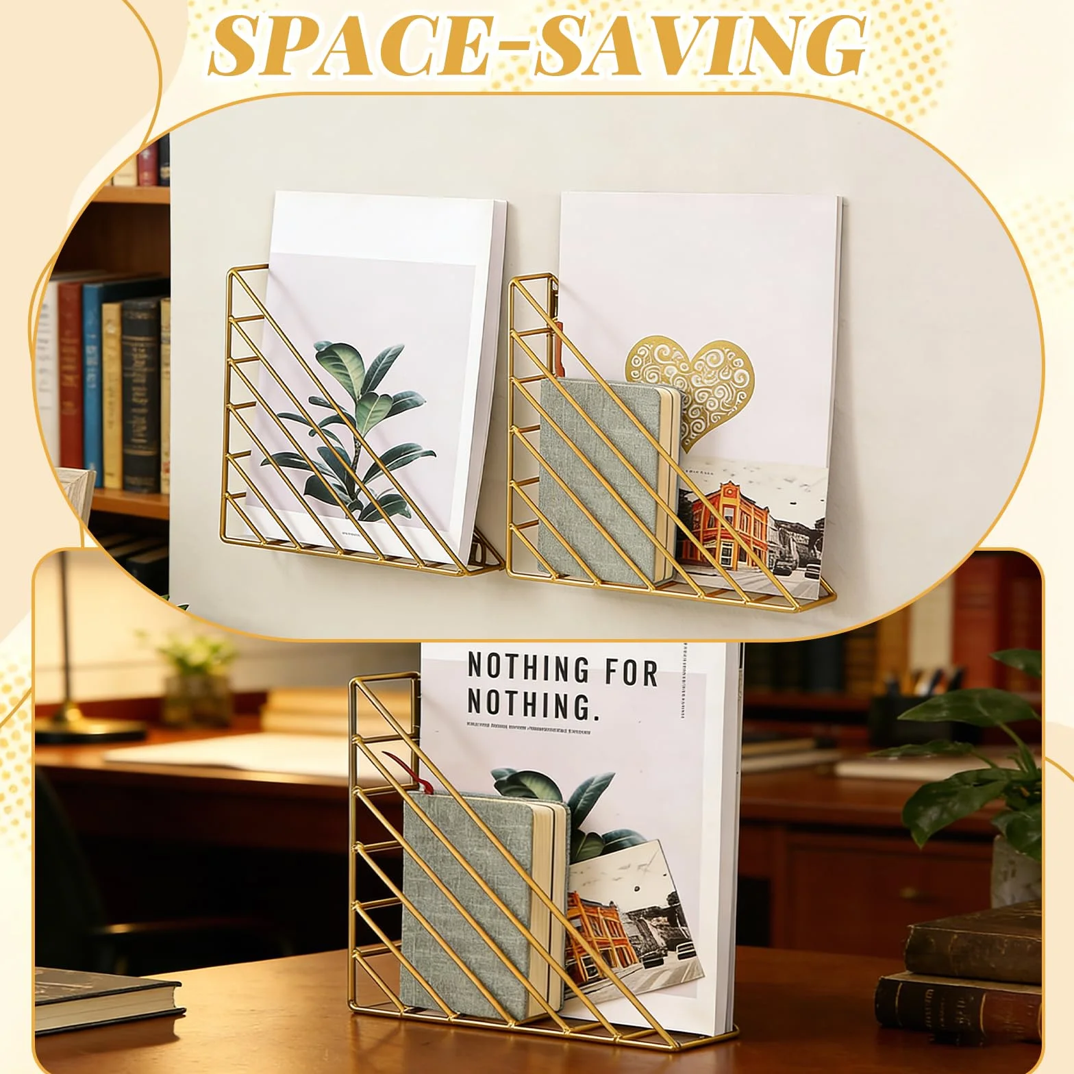 Organizador de Pared Triangular de Metal para Revistas con Tornillos, Dorado