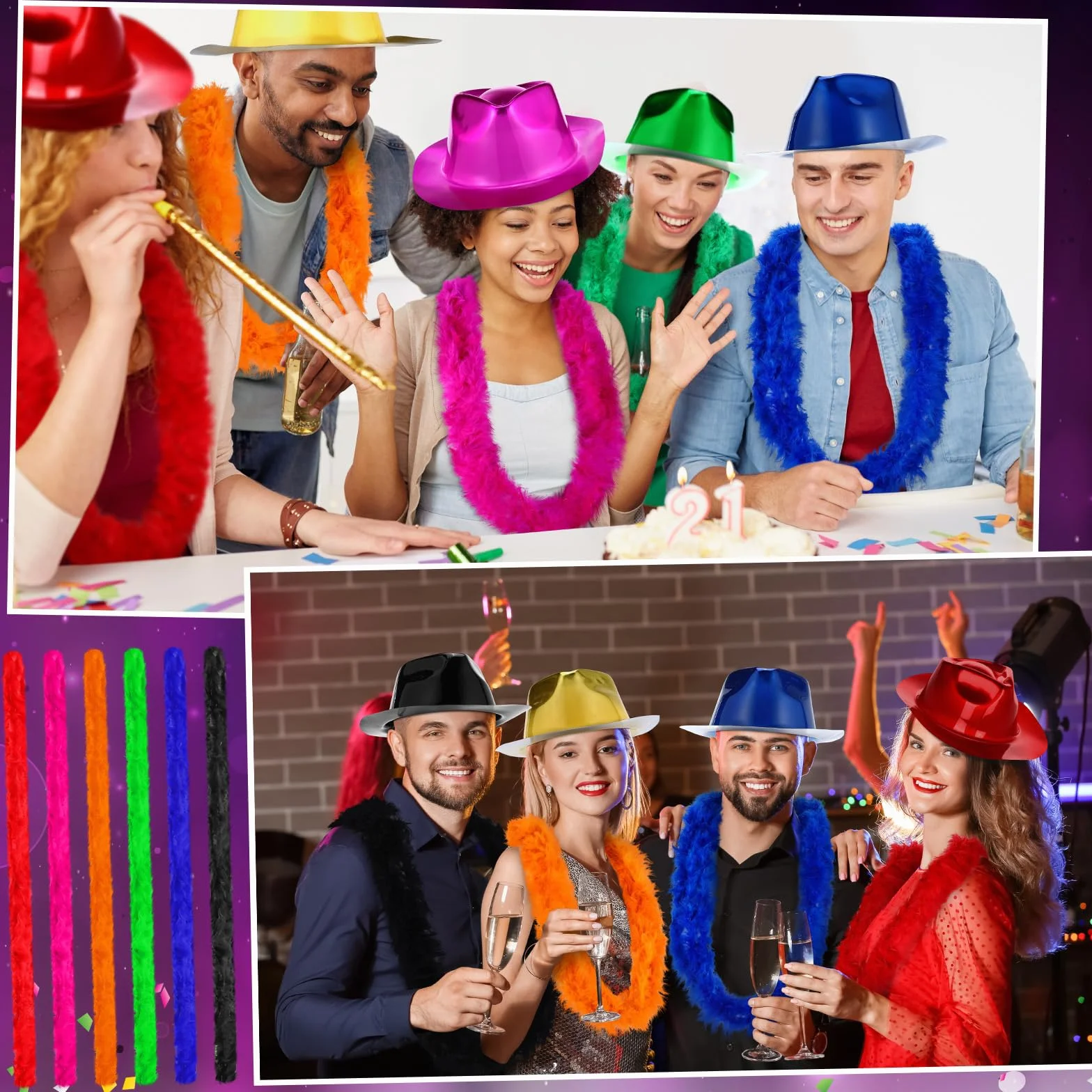 48 piezas de suministros de fiesta de neón, 24 sombreros de fiesta de gángsters, 24 boas de plumas coloridas, sombrero de neón de plástico metálico para carnaval