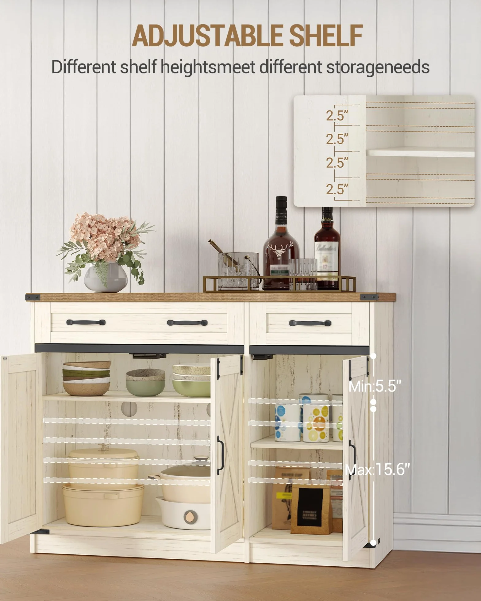 Armario de Cocina con 2 Cajones 3 Puertas Estantes Ajustables 40x108x80 cm Blanco Rústico y Marrón Miel