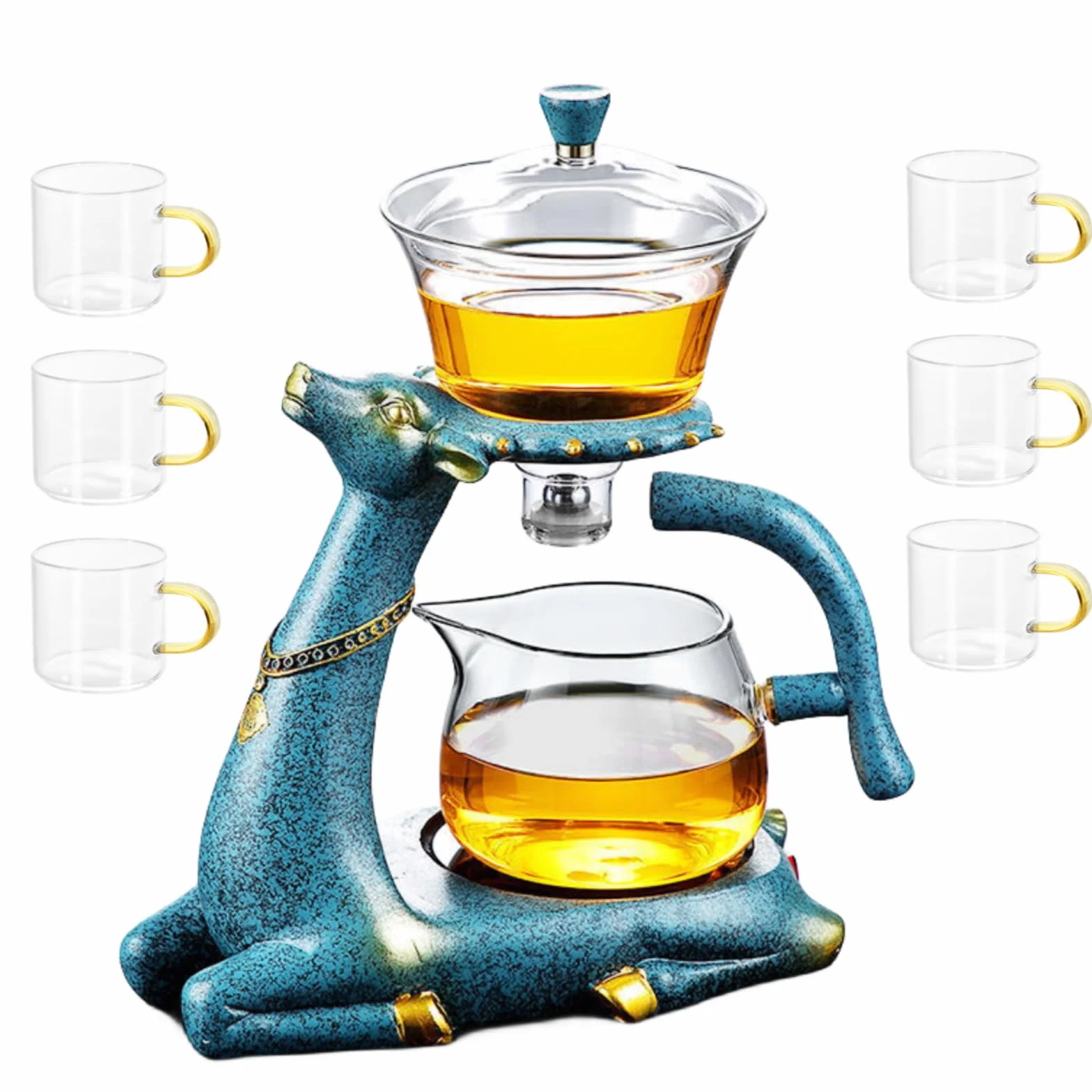 RORA - Juego de té de cristal resistente al calor Kungfu con calefacción magnética, tapa giratoria, cuenco perezoso semiautomático de vidrio de ciervo (tetera con 6 tazas)