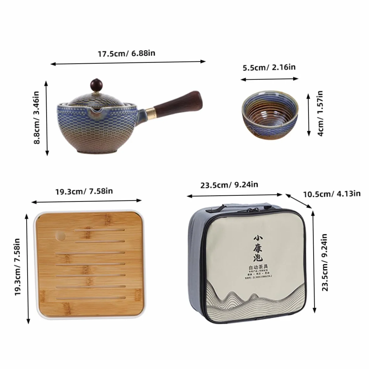 Juego de Té de Cerámica 1 Set de Viaje Portátil para Hogar | Bambú y Madera, Bolsa de Almacenamiento, Diseño Elegante, para Apasionados del Té, Formato Compacto
