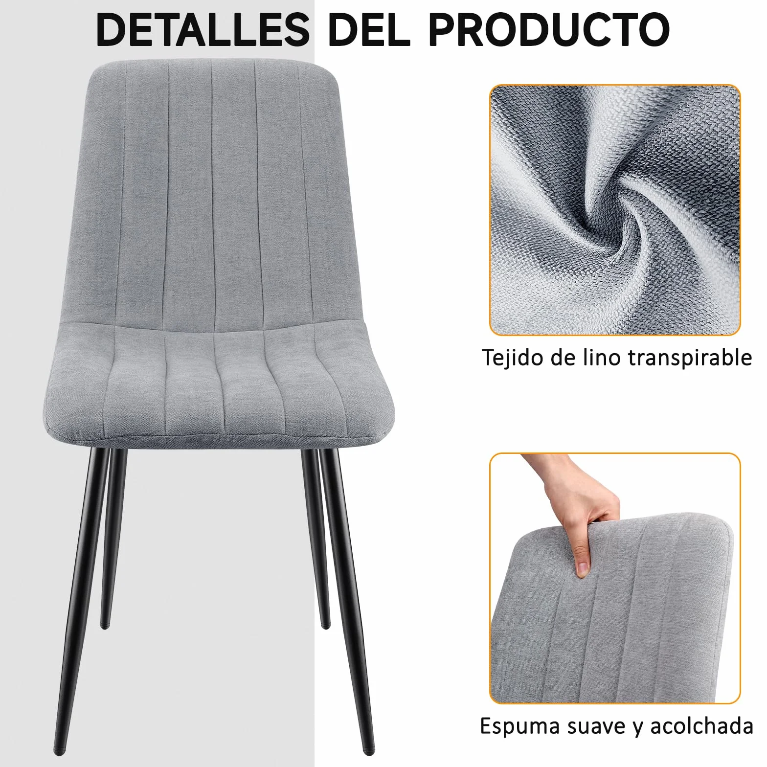Juego De 6 Sillas De Comedor, Sillas Cocina con Tela De Lino Y Patas De Metal Negro,Silla De Dormitorio,Silla Acolchada,Silla De SalóN,Sillas Comedor Modernas-Gray