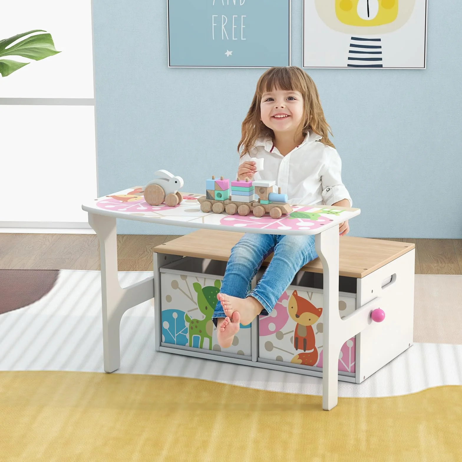 LIFEZEAL Banco Infantil de Almacenaje 3 en 1 con 2 Cajones, Caja de Juguete de Madera, Juego de Mesa y Taburete para Niños de 3 a 7 años, Organizador con Cestos Textiles de Almacenaje (Blanco)