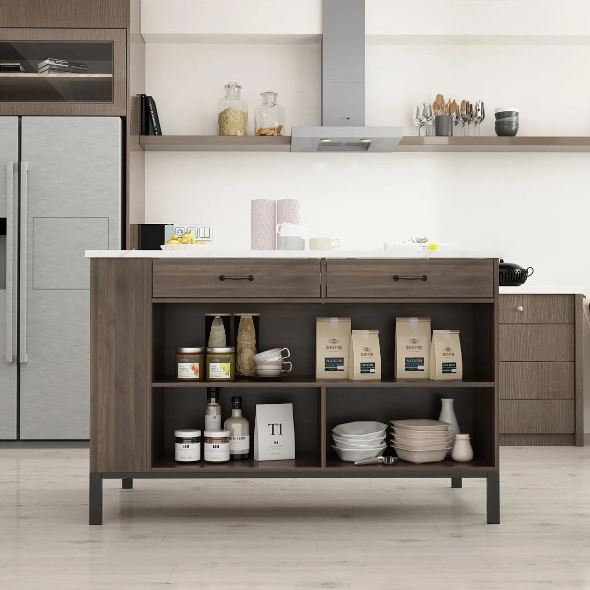 Isla de cocina con 2 cajones y 6 estantes, losa de mármol, 75 x 140 x 92 cm, marrón oscuro y blanco