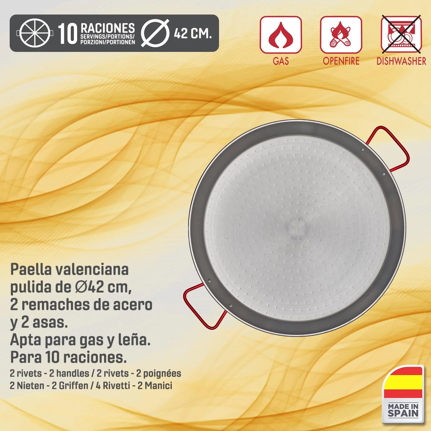 Paellero a Gas 50 cm + Kit Completo (Paellera 60 cm + Paellera de 42 cm + Patas Reforzadas + Regulador + Manguera + Delantal)