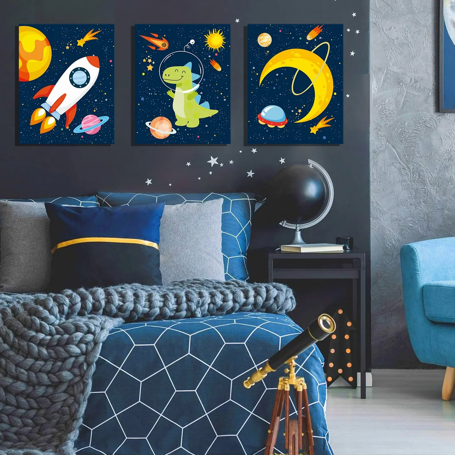 KAIRNE Póster de lienzo de pared de dinosaurios del espacio exterior, juego de 4 (12 x 16 pulgadas, enmarcado) planeta astronauta, decoración de cohete para habitación de niños, habitación de niños,