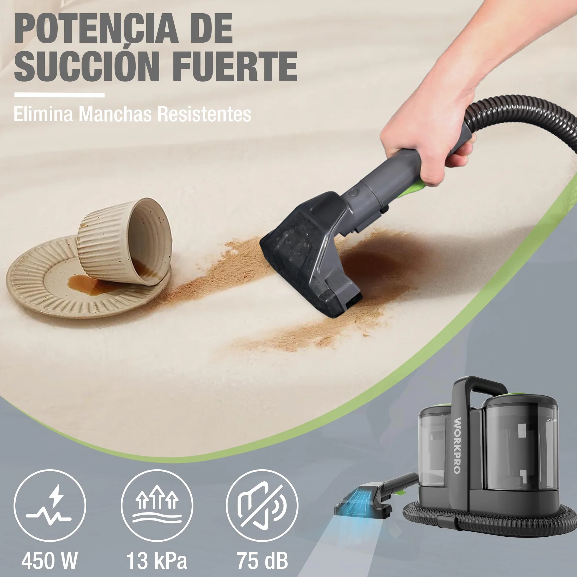 WORKPRO Aspiradora de Agua Tapiceria, Limpiador de Tapicerias de 450W, Aspiradora para Alfombras con Detergente, Limpia Moquetas, Maquina Aspirador para Tapicerias, Sofá, 75 dB