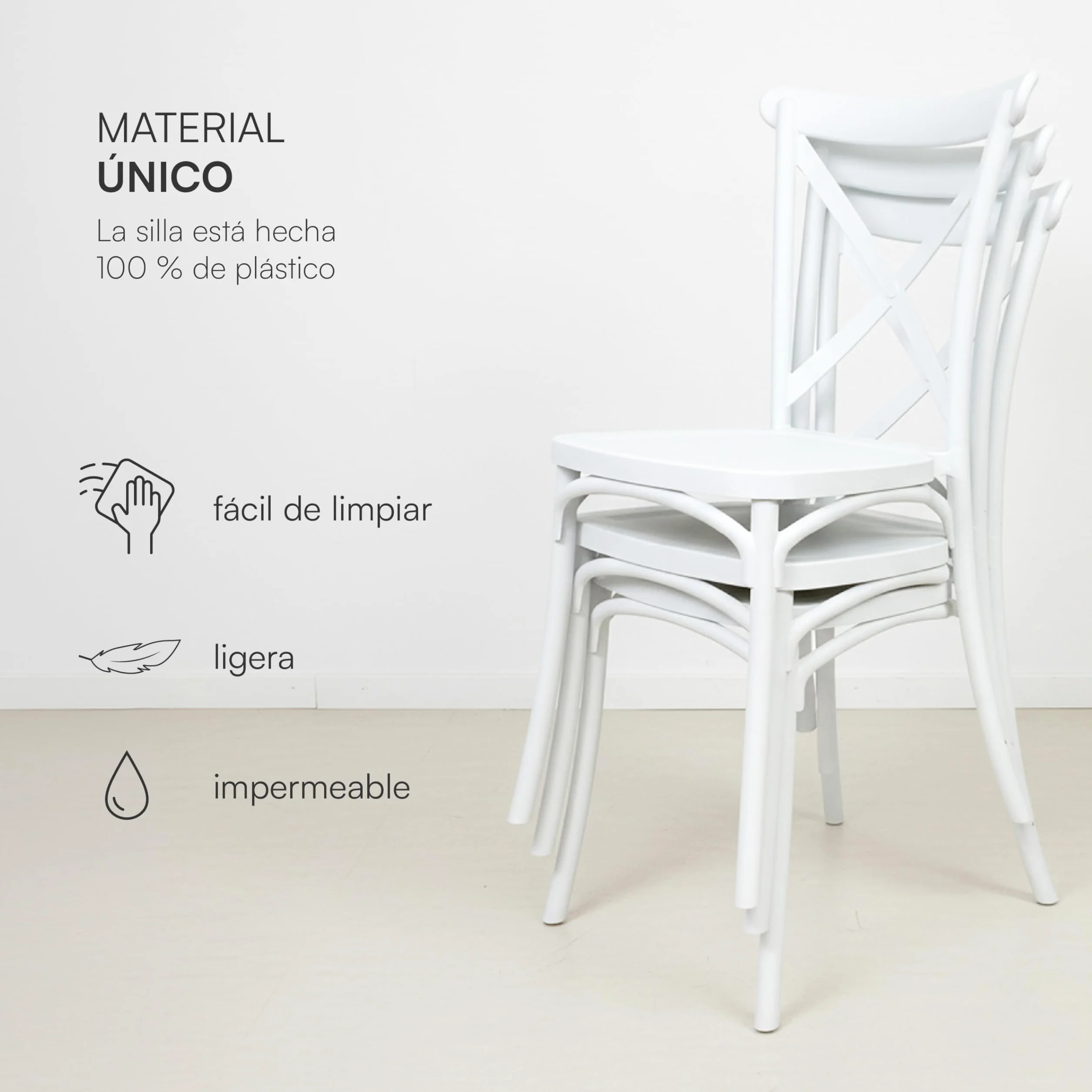 Baroni Home Set de 4 Sillas de Plástico Blanco – Apilables, Sin Montaje, Fáciles de Limpiar, con Patas Antideslizantes, para Cocina, Salón, Comedor, Exterior, 44x44x82 cm, Respaldo Trenzado