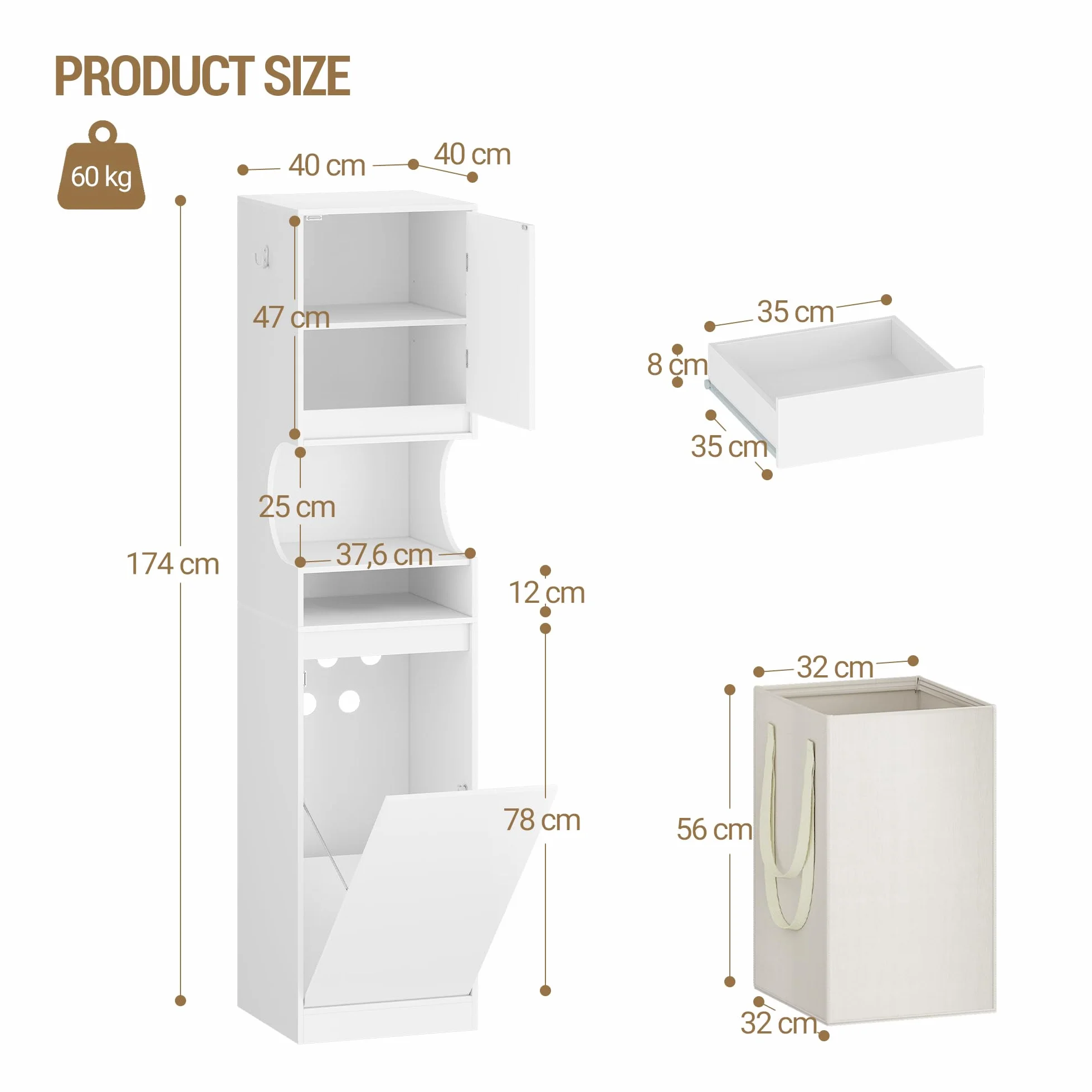 Hzuaneri Mueble Columna de Baño, Mueble Ropa Sucia con 1 Cesto para Ropa, Columna de Baño Mueble de Baños, Apto para baños, lavadero, Sala de Estar, 40 x 40 x 174 cm, Blanco BC43013X