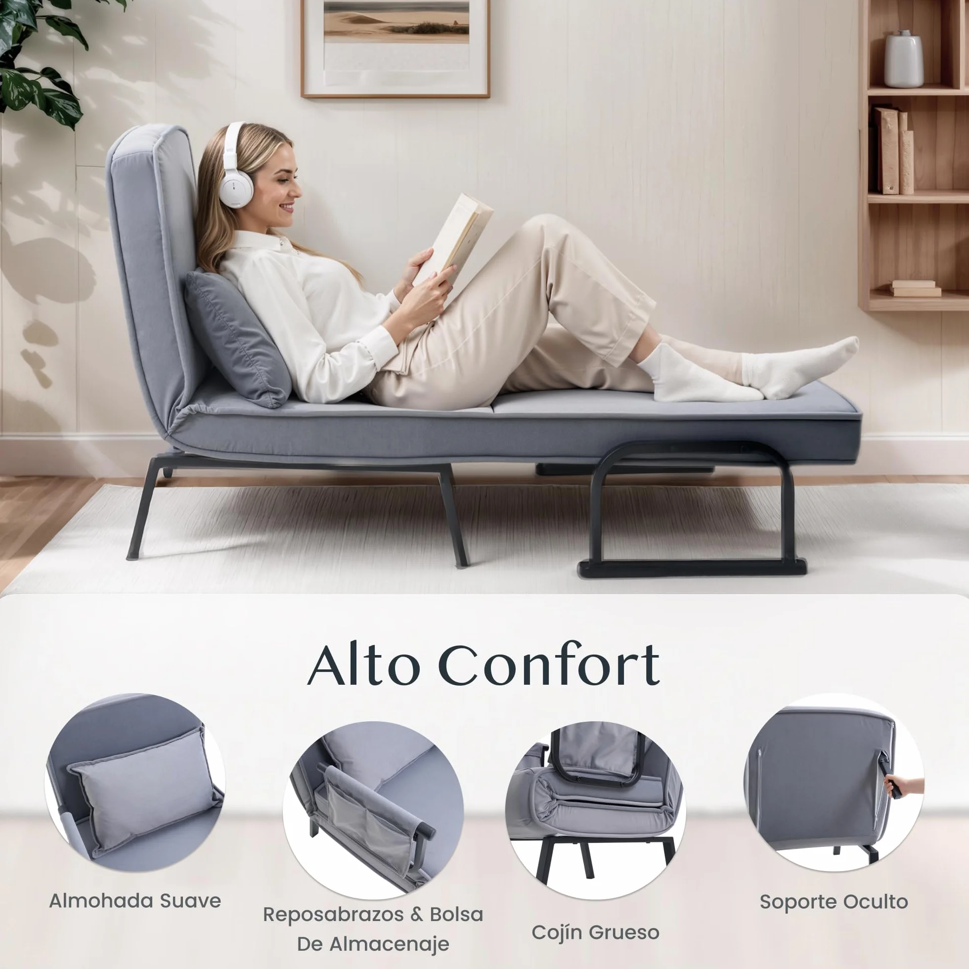 FLEXISPOT Sillón Cama 3 en 1 con función de Cama, Respaldo Ajustable, sofá Cama de Lino con Bolsillo Lateral, Patas Plegables, Ahorra Espacio para salón, Dormitorio u Oficina (Gris)