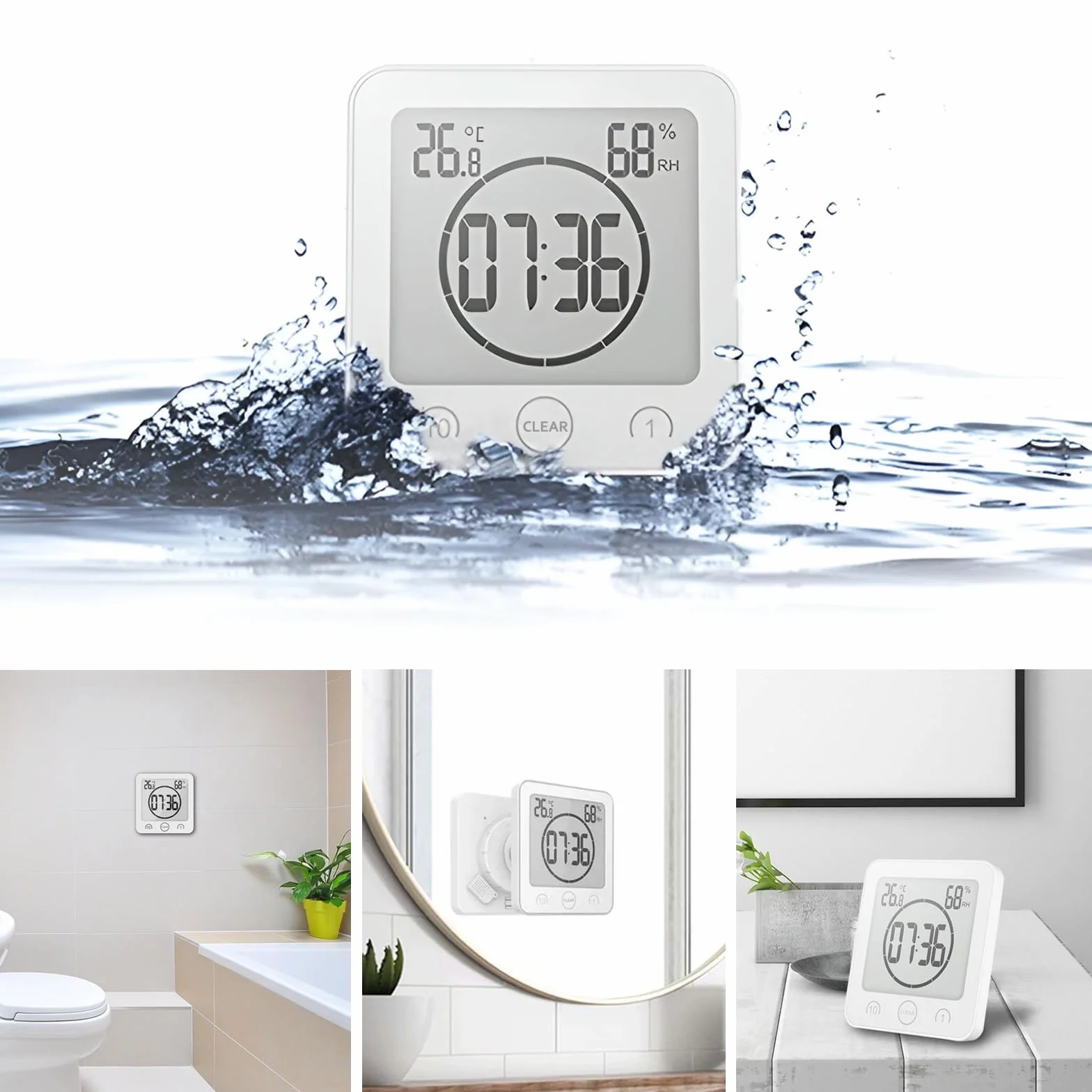 Reloj de Baño Digital con Temperatura Humedad, Alarma Impermeable, Temporizador LCD Control Táctil, Blanco