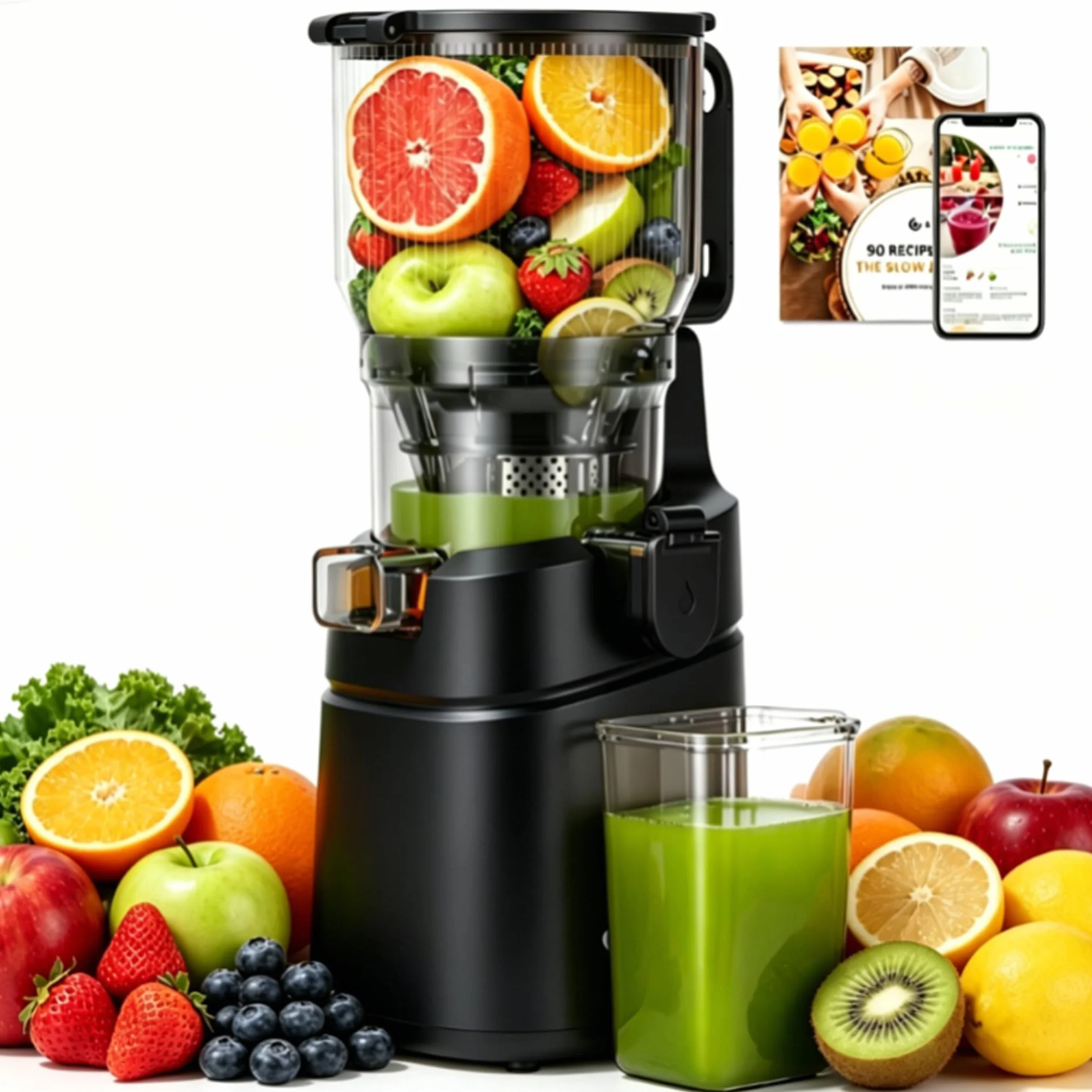 AMZCHEF Licuadora para Verduras y Frutas con 2 Modos de Velocidad - Licuadora Prensado en Frio con Función Inversa - Extractor de Zumos y Verduras con Botella Portátil y 2 Tazas - Negro Juicer