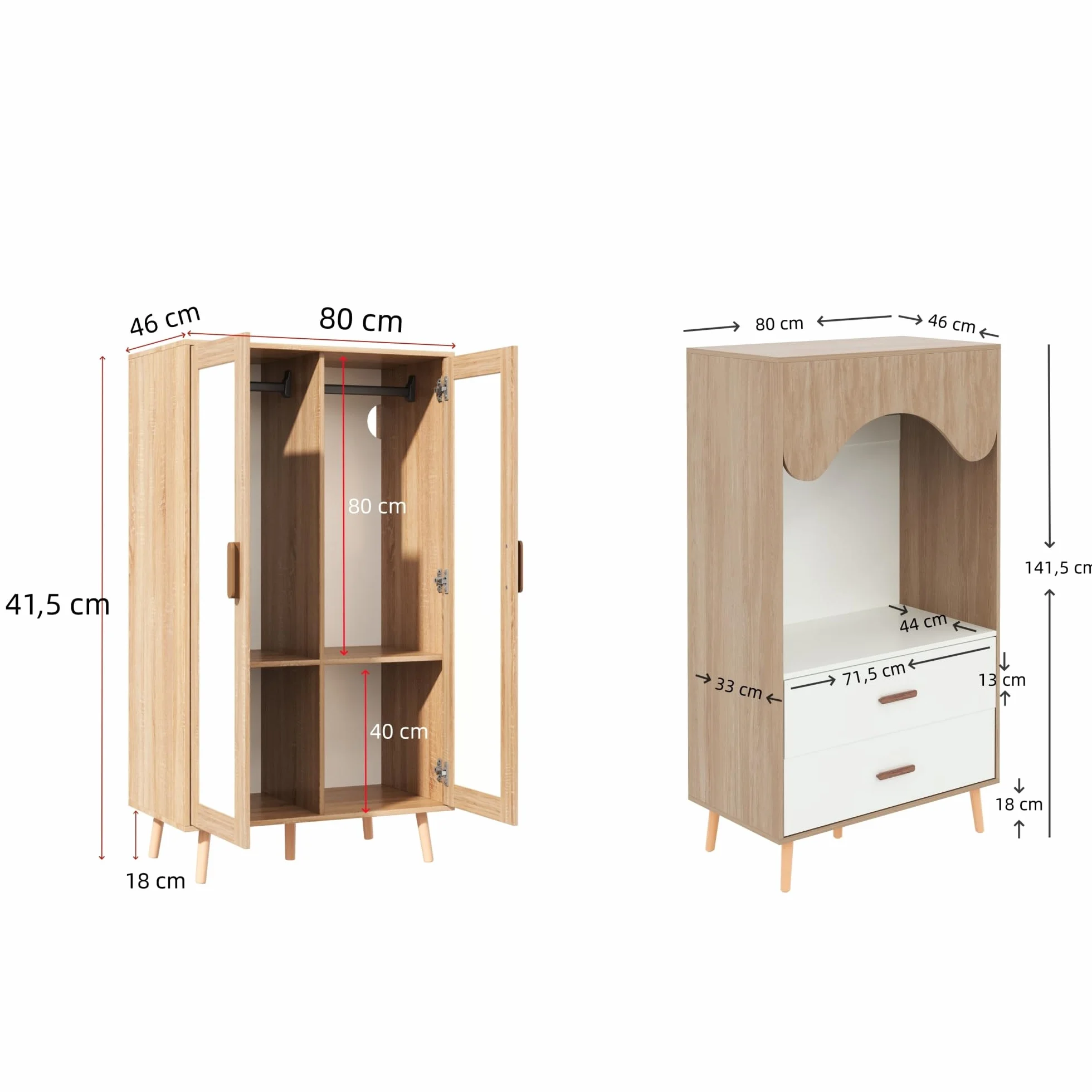 Armario infantil, juego con armario de dos puertas y abierto, para dormitorio, con barra para colgar y cajones, en color blanco y madera, 160 x 46 x 141,5 cm, Natural+Blanco