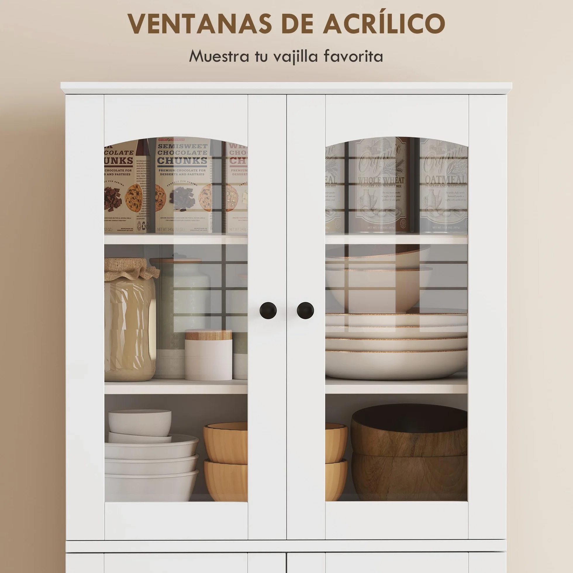 HOMCOM Armario de Cocina, Armario Despensa Cocina, con Puertas Acrílicas de Cierre Suave, 10 Estantes, 8 Compartimentos, Alacena Moderna con 4 Estantes Ajustables para Comedor, 60x40x162 cm, Blanco