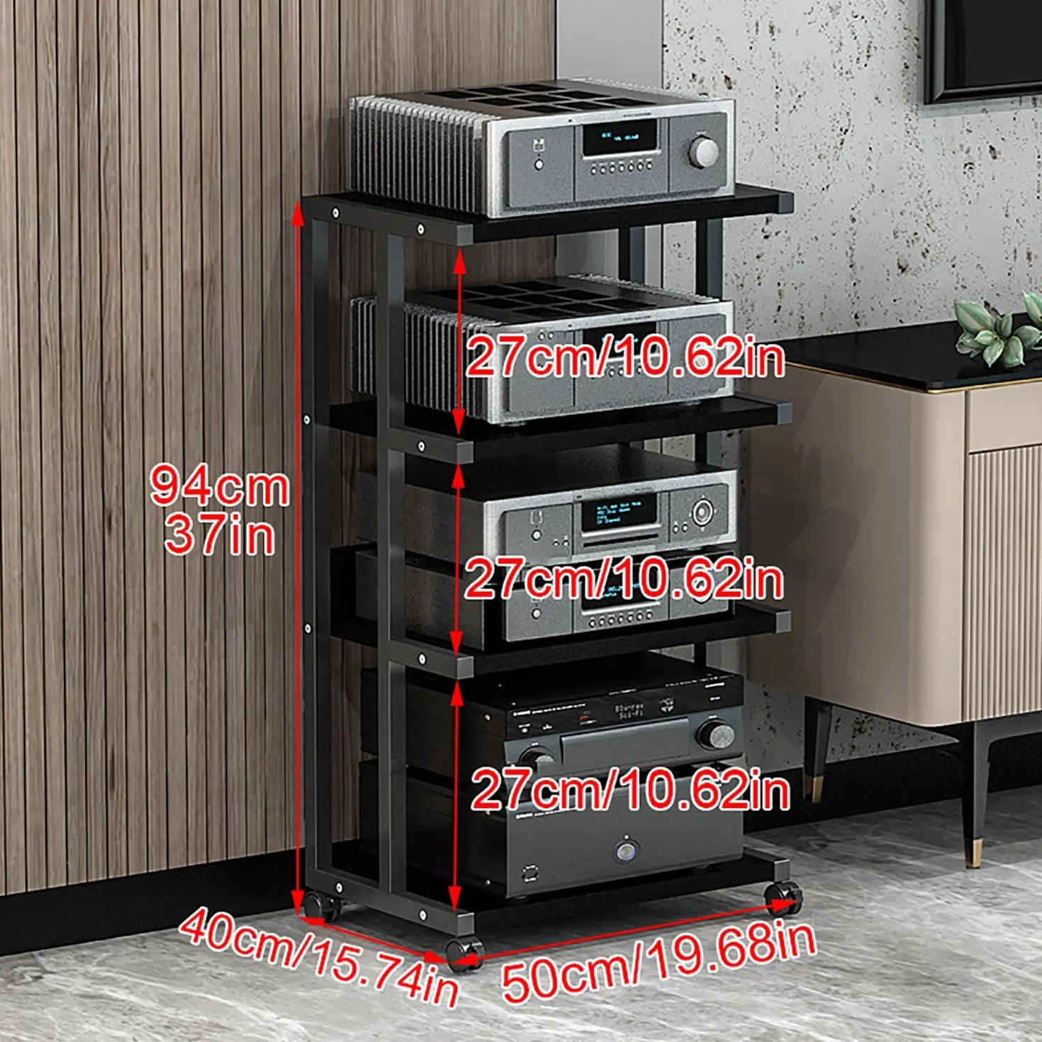 Estante de Almacenamiento de Componentes Estéreo,Tocadiscos de Vinilo Stand,Gabinete de Audio HiFi de 1/2/3/4 Capas,Estantes for Amplificadores de Parlantes,para Estudios de Grabación.(Nero,50x40x94cm